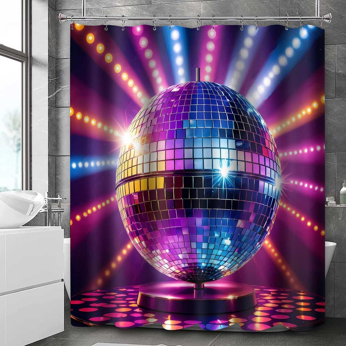 Disco Ball Shower Curtain Vintage 60s 70s 80s Disco Neon Music Bath Curtain 72x72 Inches Washable Polyester Night Club Disco Theme Bathroom Curtians with 12 Hooks YLOKPA1100