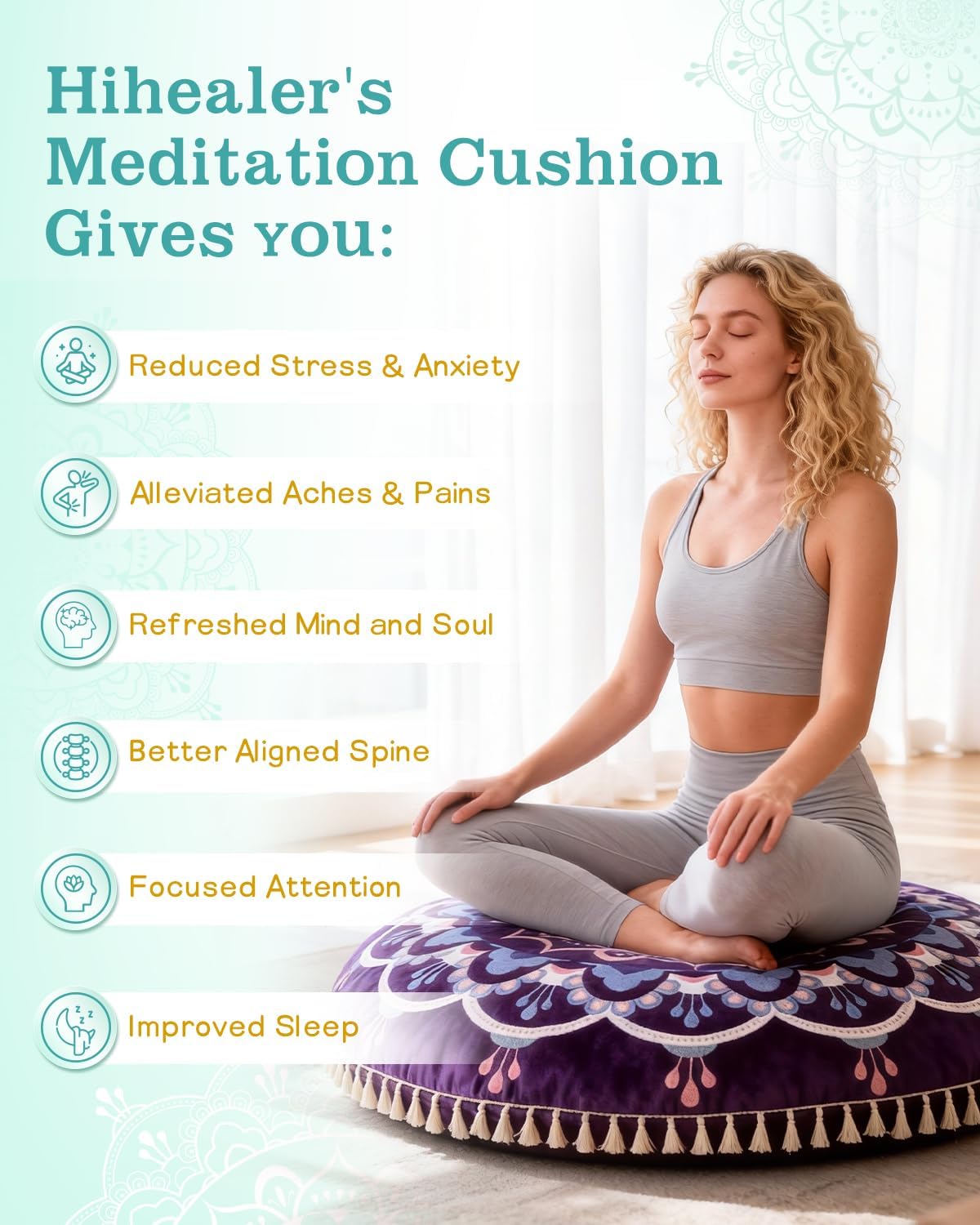 Hihealer Meditation Cushion, Large Velvet Floor Pillow for Yoga, Meditation & Mindfulness, Supportive Memory Foam Bolster (Purple)