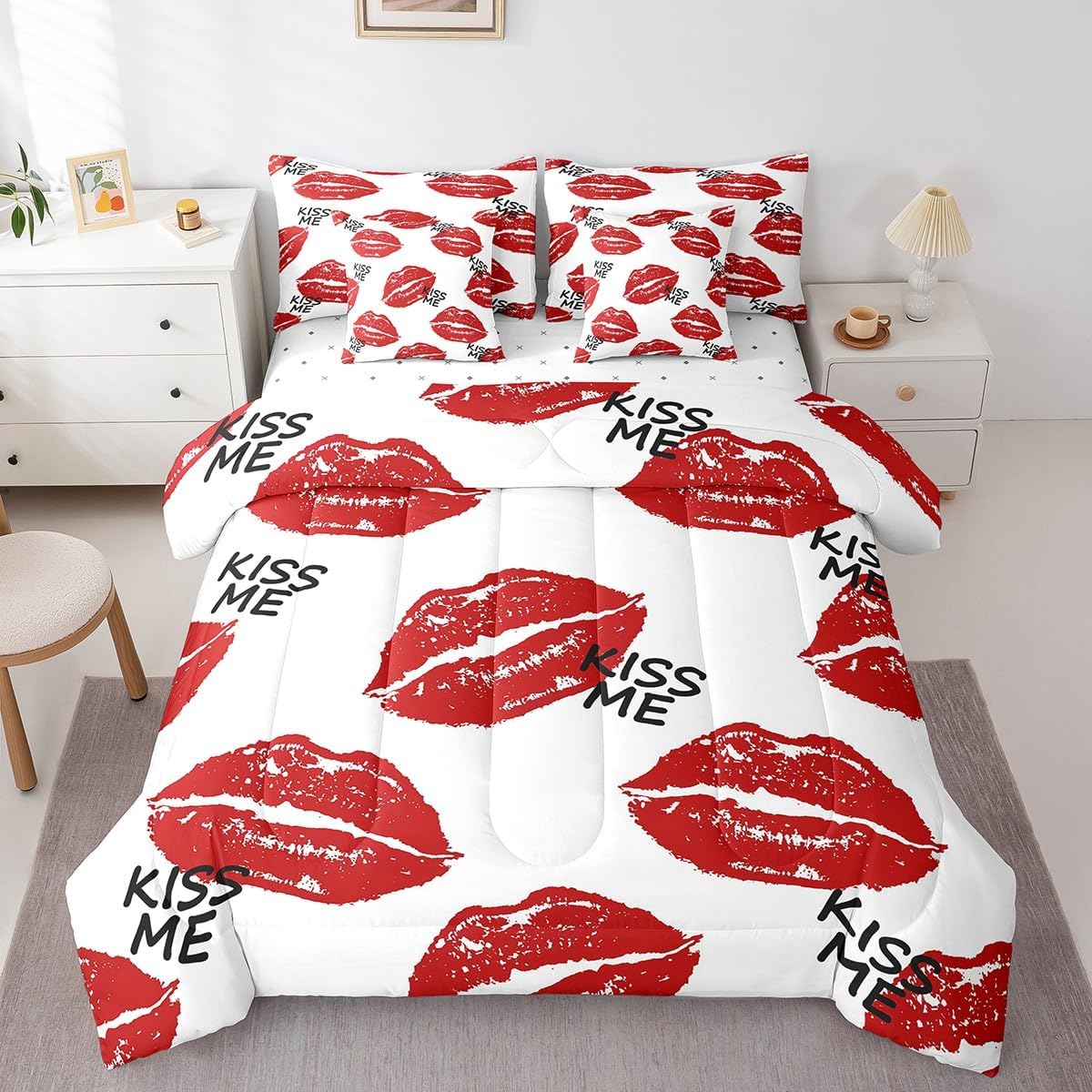 Erosebridal Sexy Red Lips 7 Piece Bed in a Bag Queen Size,Romantic Red White Comforter Set for Adult Teens Women Girls,Kiss Me Pattern Reversible Quilt Bedroom Decor,Valentines Day Flat Fitted Sheet