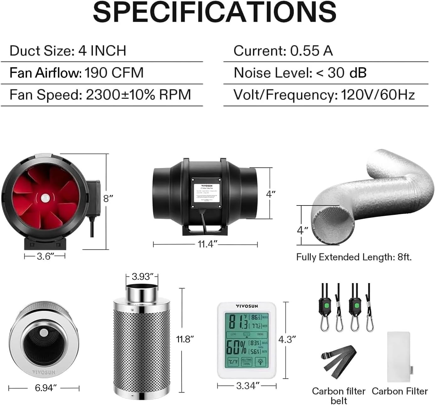VIVOSUN 4 Inch 190 CFM Inline Fan with Speed Controller, 4 Inch Carbon Filter and 8 Feet of Ducting, Temperature Humidity Monitor for Grow Tent Ventilation