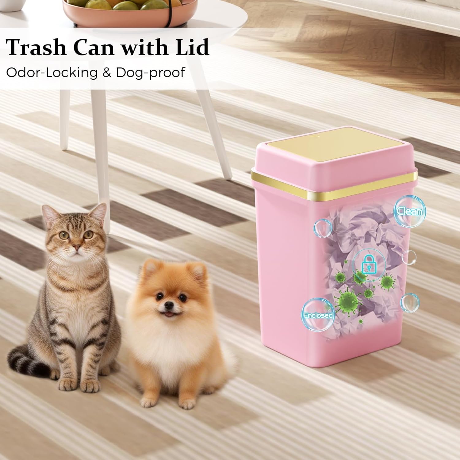Bathroom Trash Can with Lid 4 Gallon Pink Trash Can with Press Top Lid Bedroom Trash Can Small Garbage Can with 150 Counts Trash Bags for Small Bathroom Bedroom Office