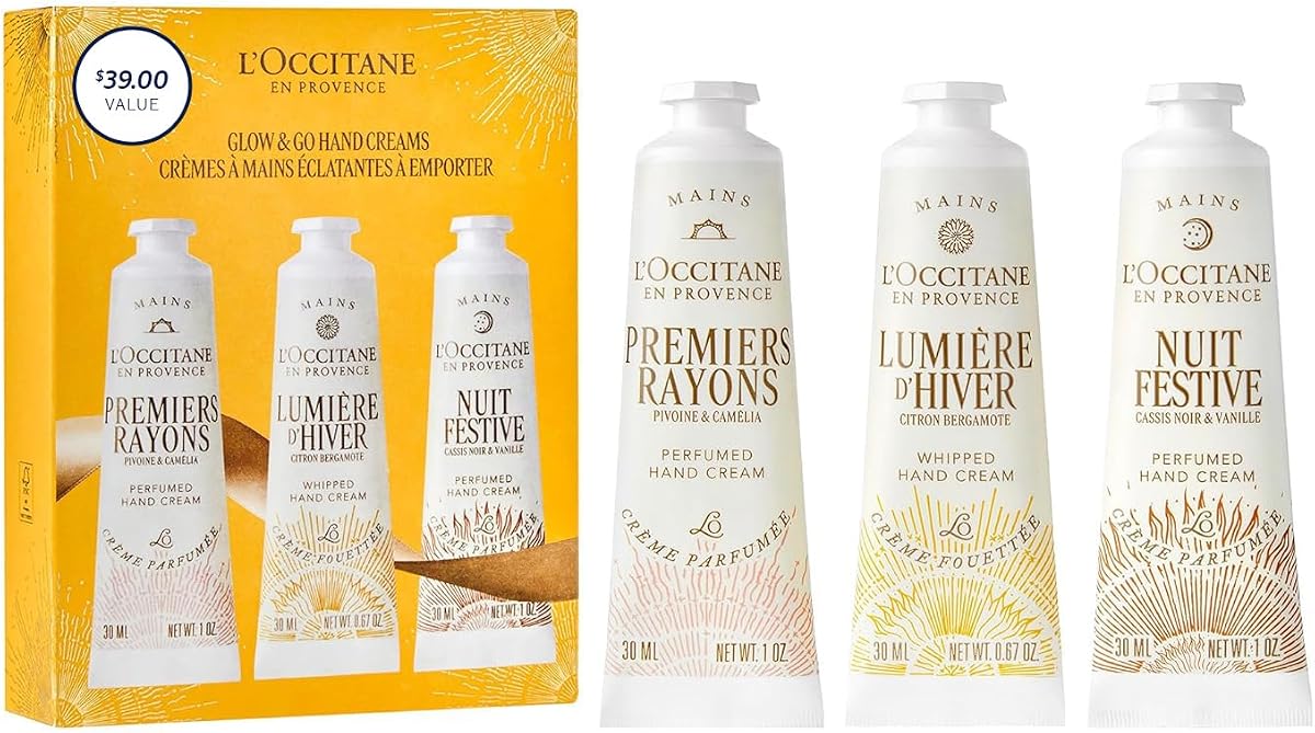 L’Occitane Glow & Go Hand Cream Trio, Holiday Beauty Gift Set, Peony, Lemon & Vanilla, Hydrates & Softens Dry Skin, Travel-Sized Moisturizing Minis