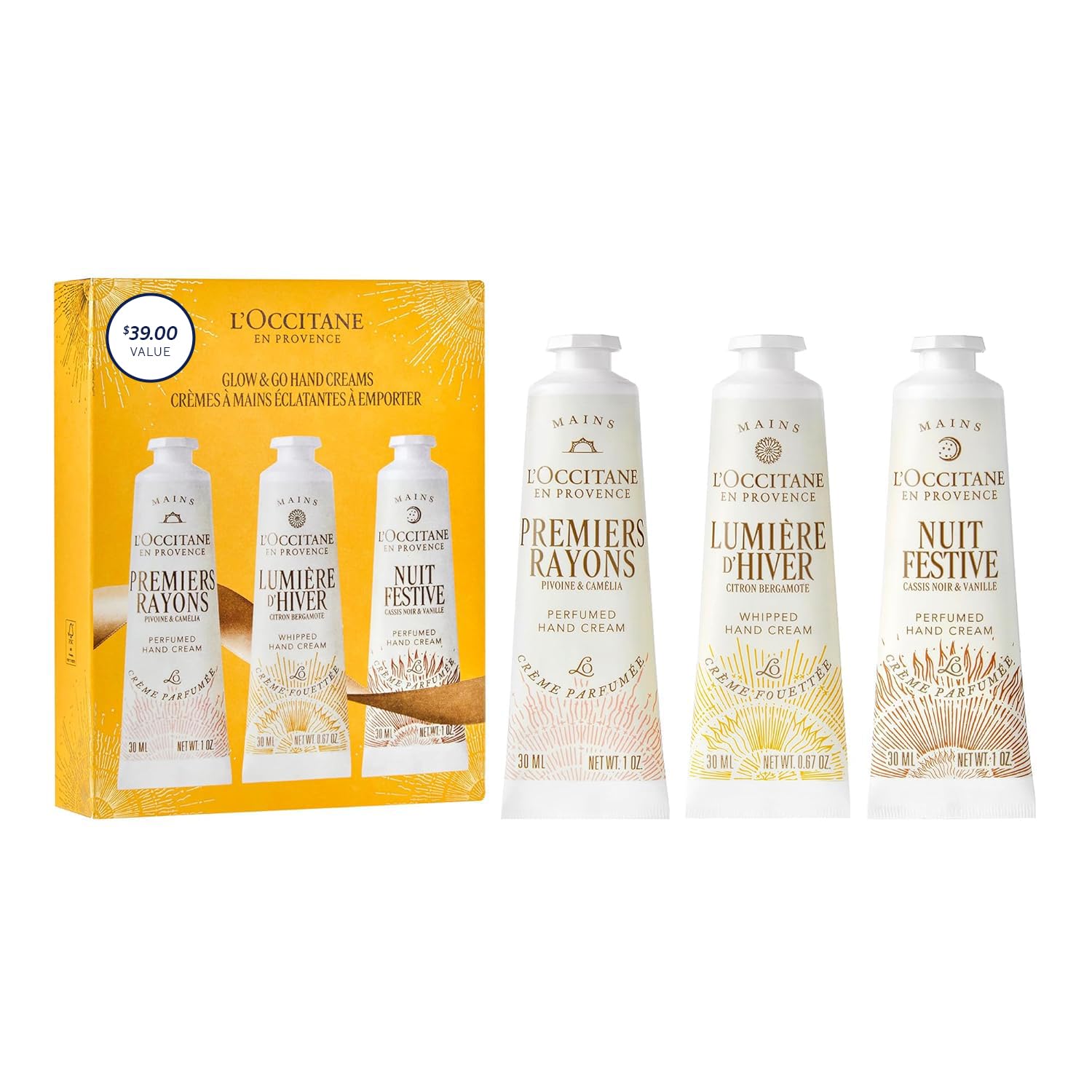 L’Occitane Glow & Go Hand Cream Trio, Holiday Beauty Gift Set, Peony, Lemon & Vanilla, Hydrates & Softens Dry Skin, Travel-Sized Moisturizing Minis