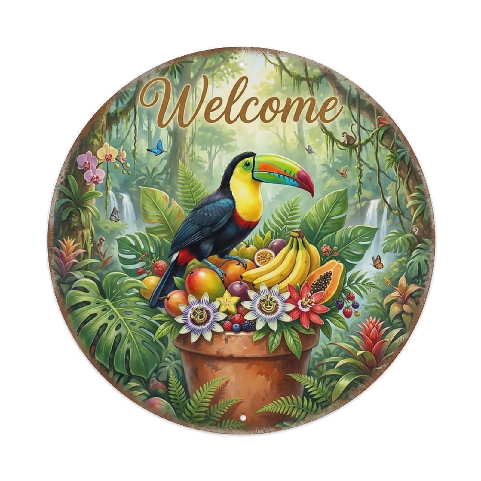 Welcome Toucan Rainforest Fruits Metal Tin Sign