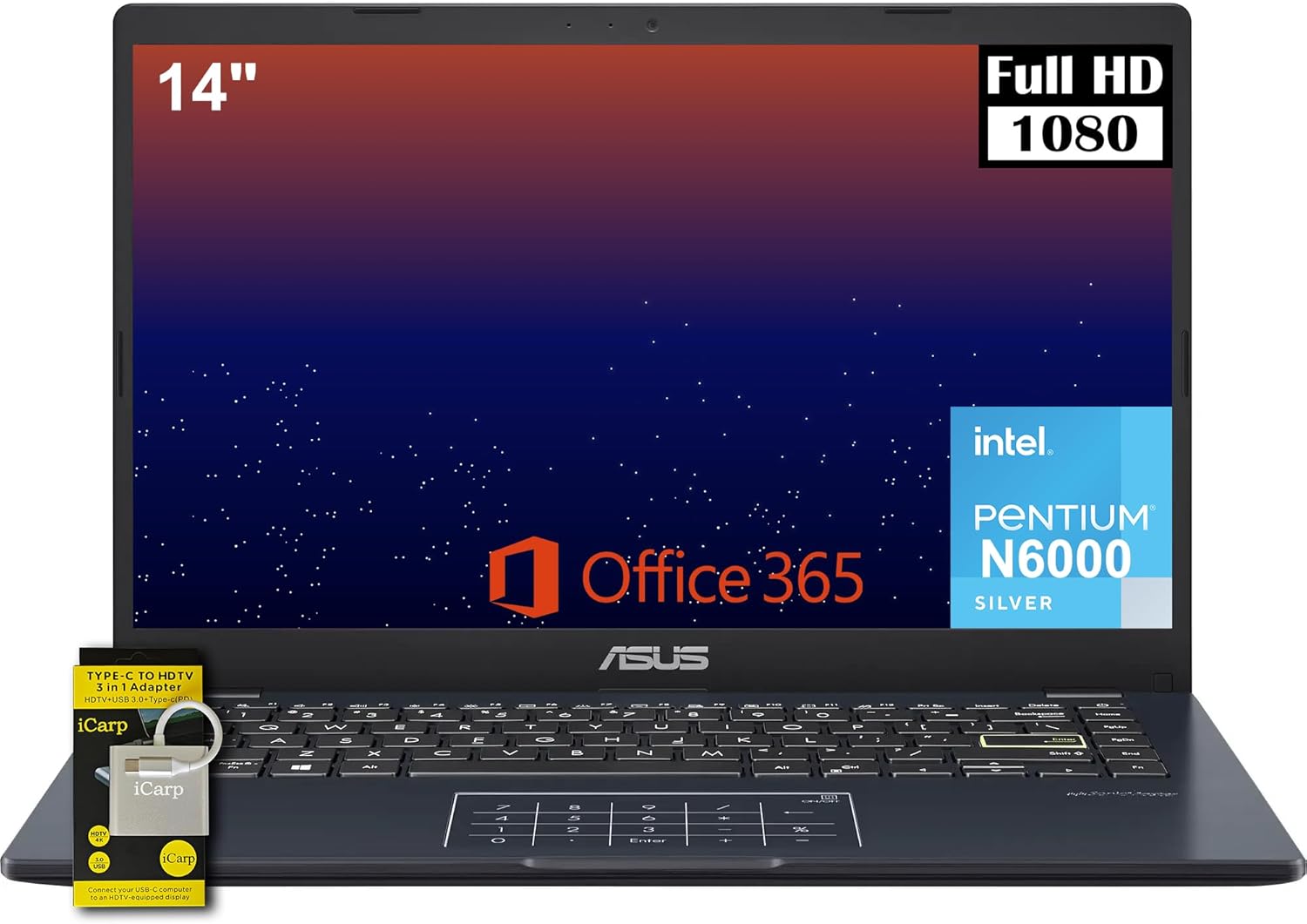 ASUS Vivobook Go 14″ FHD Laptop: Intel Pentium Pentium Silver Processor, 4GB RAM, 64GB eMMC + 128GB SD Card, 1-Year Office 365 Included, Slim & Portable Laptop for Business and Home Win11 w/ICP Hub