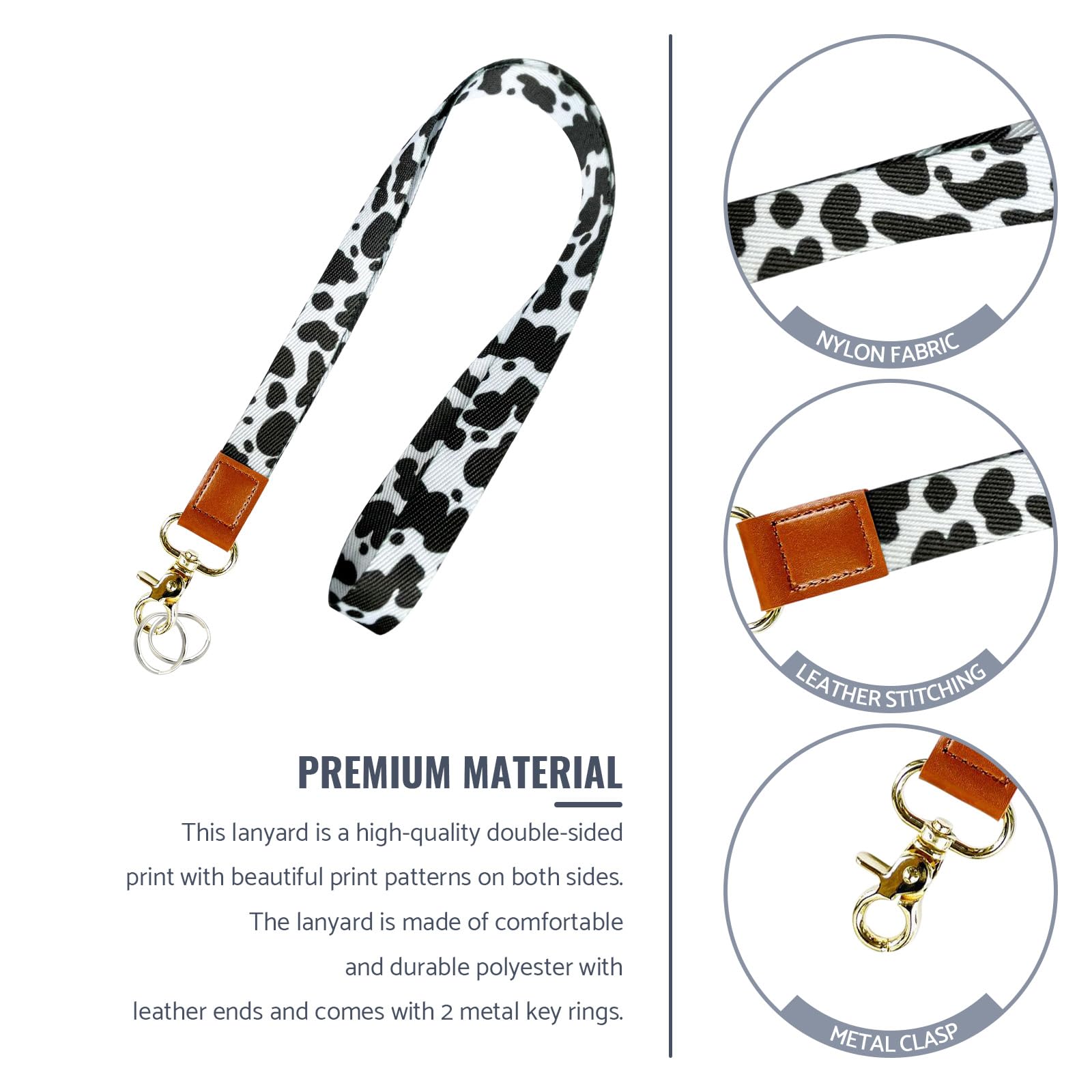 PAITOK Neck Lanyard & Wrist Lanyard Strap Set including Metal Clasp personalised lanyard with Two Metal Key Rings for ID Badge Holder Keys Charms(Cow pattern) - Image 3