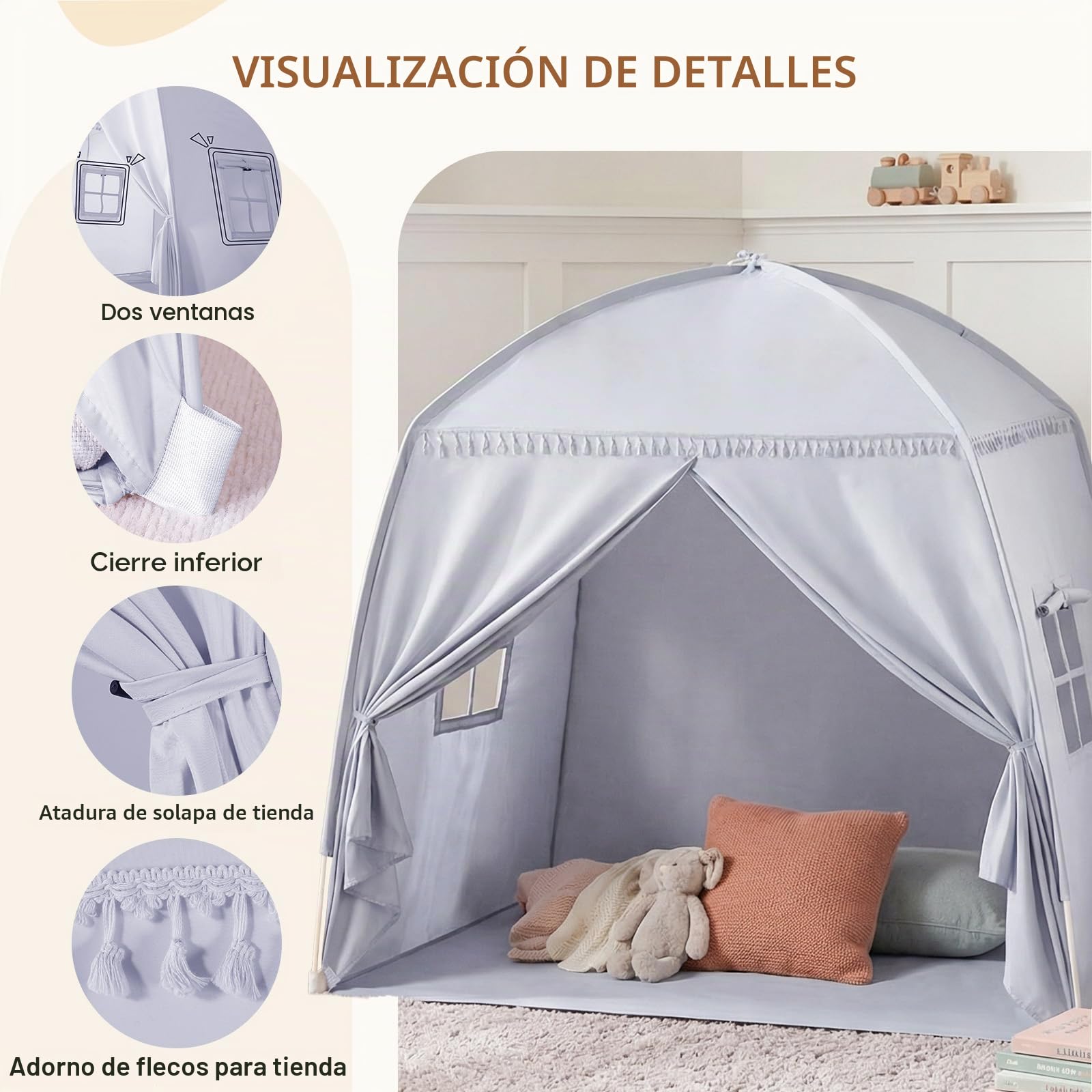 Tienda de Cama para Niños, Suelo Cama Niños Cueva, Interior Casa de Juegos, Portátil y Plegable, Cama Doble Litera, Cortinas, Tamaño Grande, Niñas y Niños