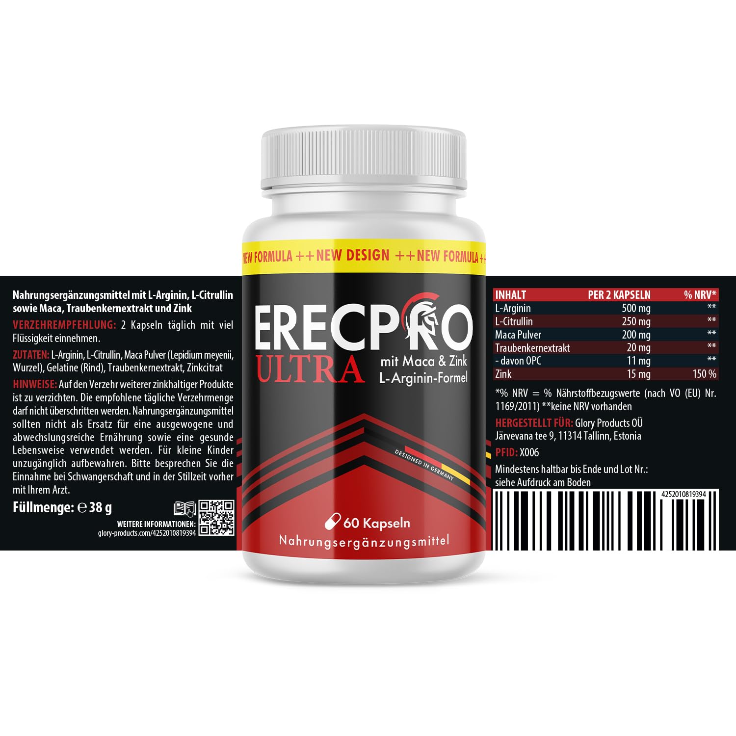 ErecPro Ultra Kapseln | Kraft für den aktiven Mann | mit wertvollen Inhaltsstoffen | 60 Kapseln Inhalt