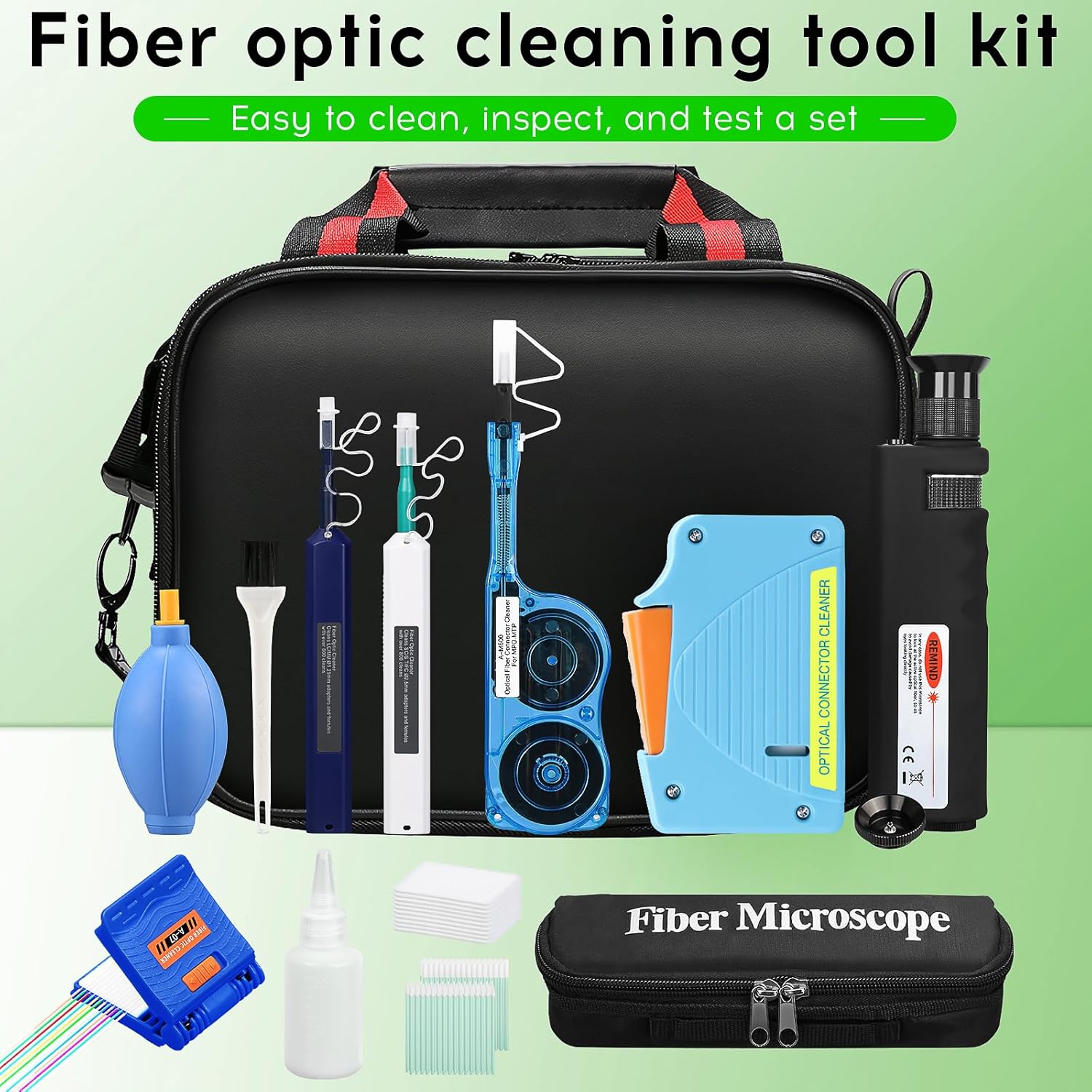 13-in-1 Fiber Optic Cleaning Kit with 400x Fiber Optic Microscope, Suitable for SC/FC/ST/LC Interfaces, MPO/MTP SC 2.5mm LC 1.25mm One-Click Cleaning Pen, Fiber Wiping Clip Cleaning Tool Kit