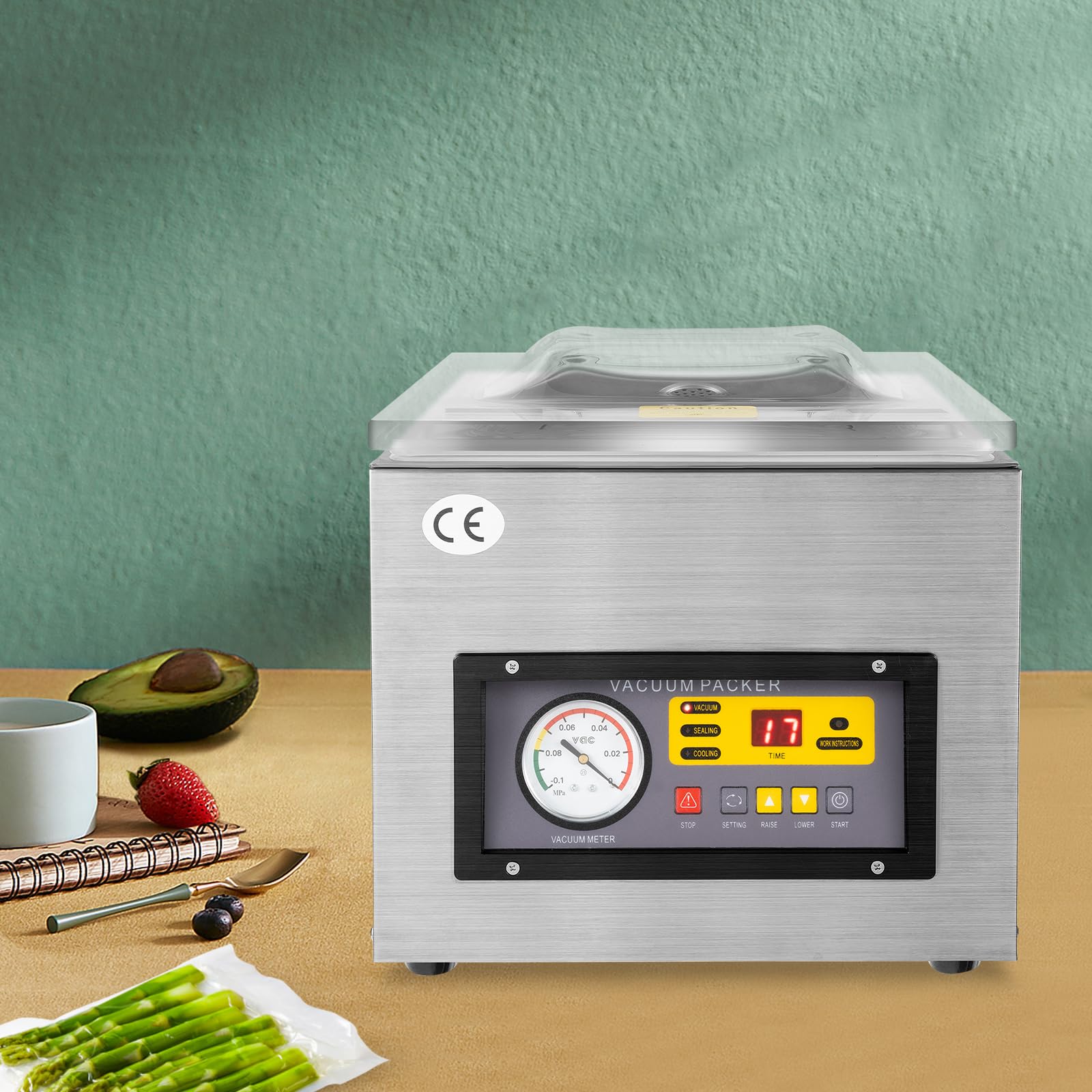 Tisch Edelstahl Vakuummaschine Profi Vakuumierer VakuumiergeräT 120 W Vakuumiergerät 3-in-1 Kammervakuumierer für feuchte Lebensmittel Fleisch Marinaden usw.
