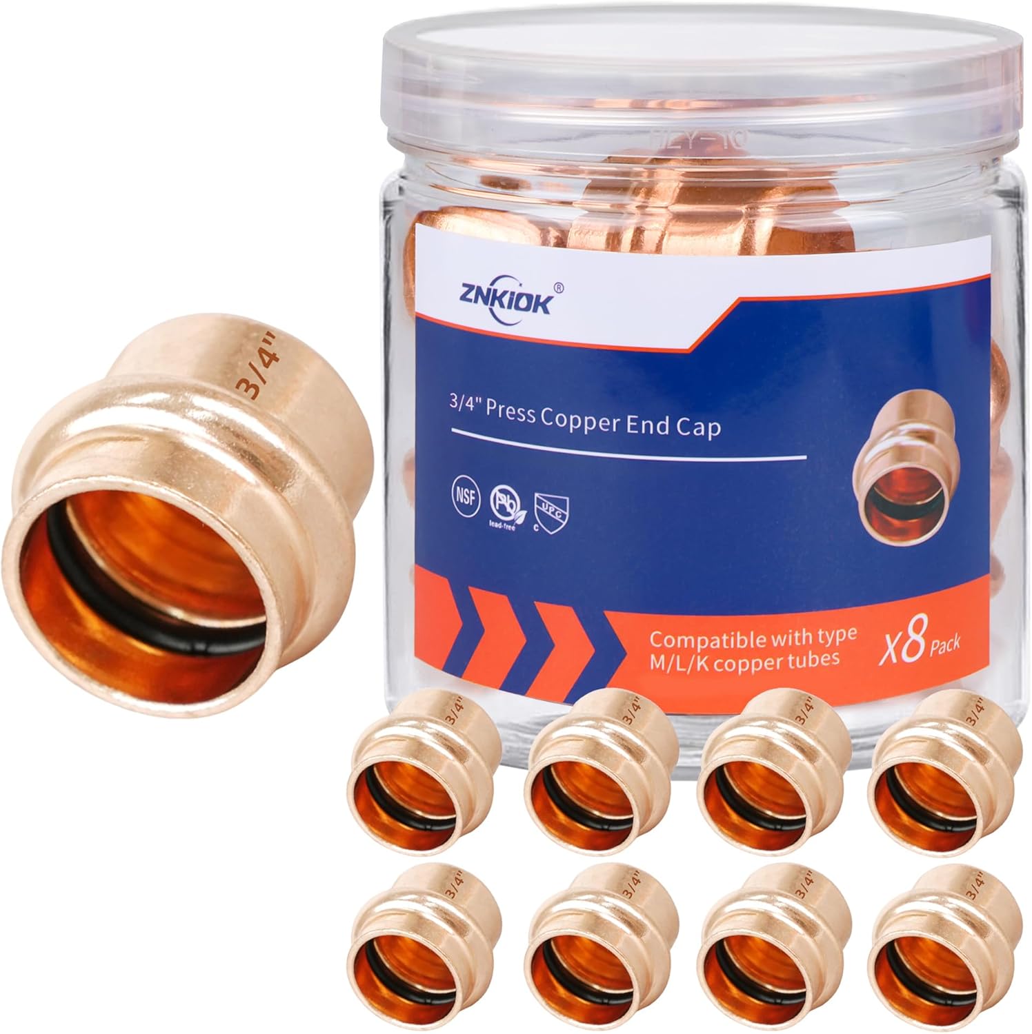 (Znkiok 8Pack)3/4"Press Fittings Zero Lead,3/4 Inch Press Copper End Cap For Copper Tube Connection,UPC,NSF/ANSI 61 Certified.