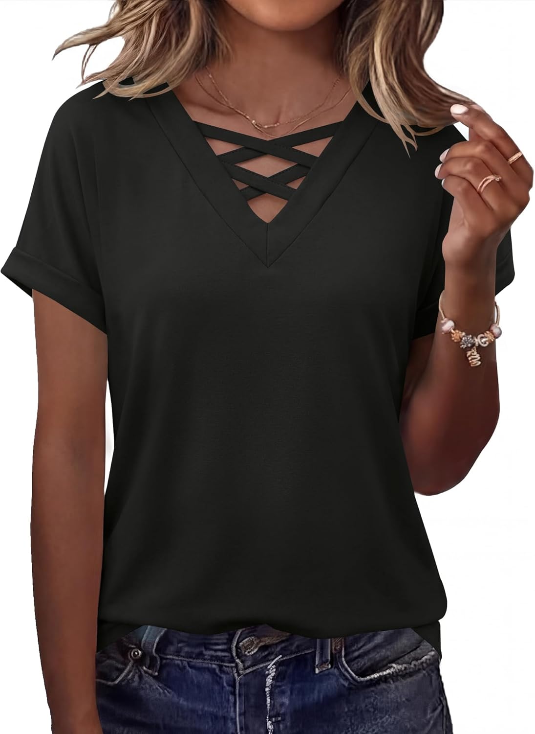Rapbin Short Sleeve Shirts for Women Spring Tops for Women 2026 V Neck Criss Cross Tees Womens Summer Tops