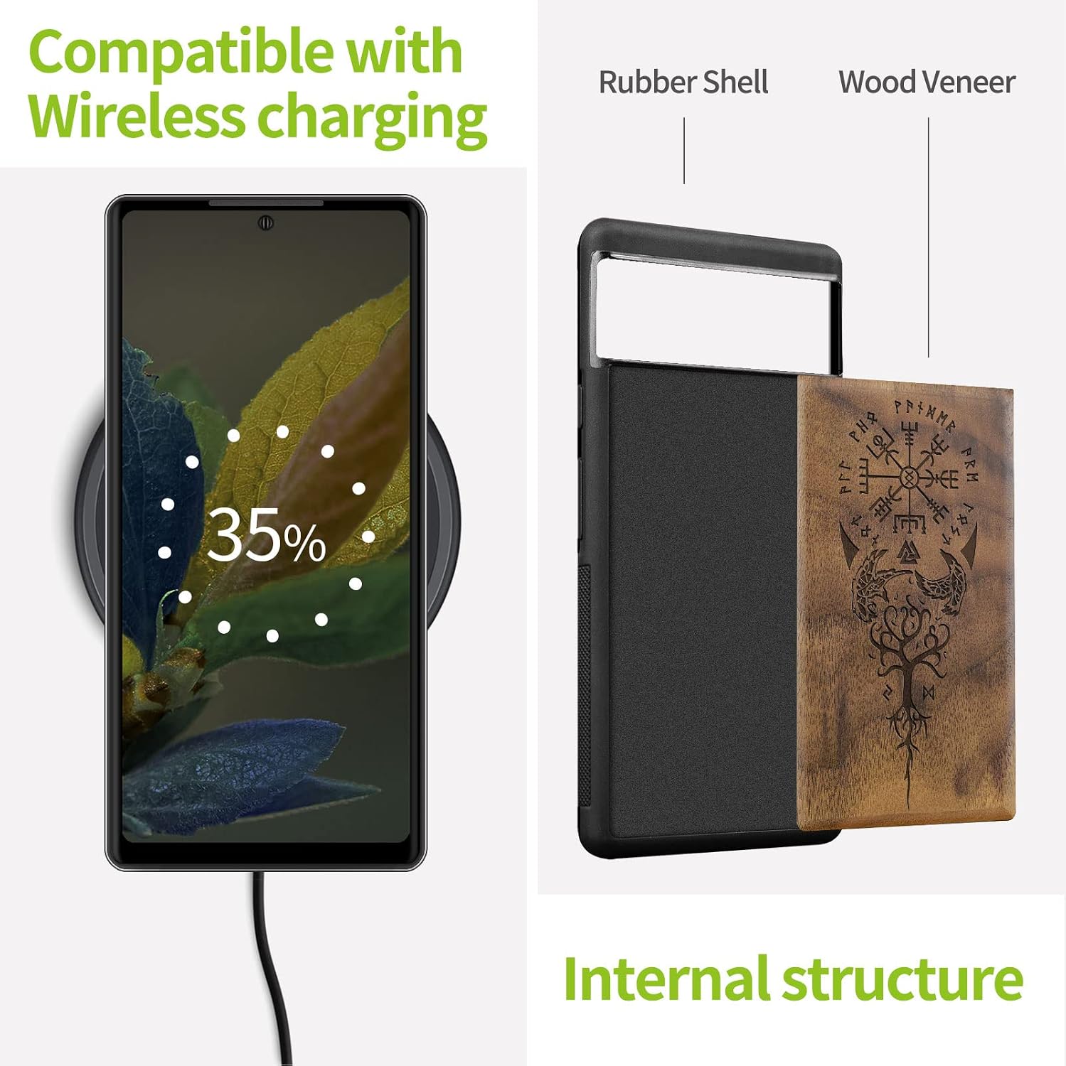 Carveit Wood Case for Pixel 6a Case [Natural Wood & Black Soft TPU] Shockproof Protective Unique & Classy Wooden Cover Compatible with Google Pixel 6a (Viking Compass-Walnut)