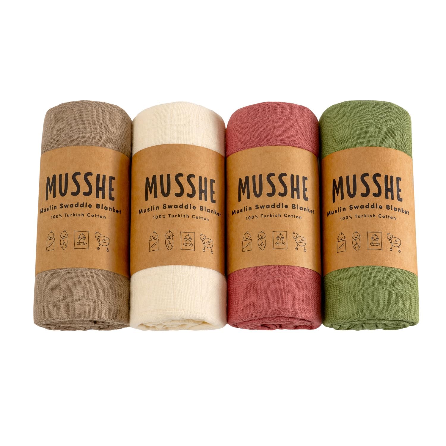 Muslin Swaddle Blankets - 4 Pack, 100% Organic Turkish Cotton Baby Blankets, Soft & Breathable Newborn Swaddles, Baby Wrap for Boys & Girls, Ideal for Sensitive Skin (4 Pcs, 40x40 Inch)