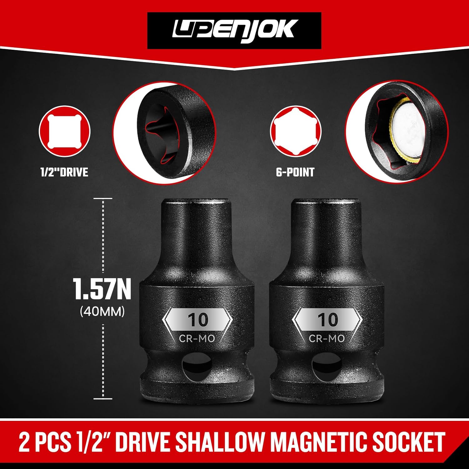 2-Pack 1/2” Drive Magnetic 10mm Impact Socket Set, Shallow, CR-MO Steel, 6-Point, for Impact Wrench