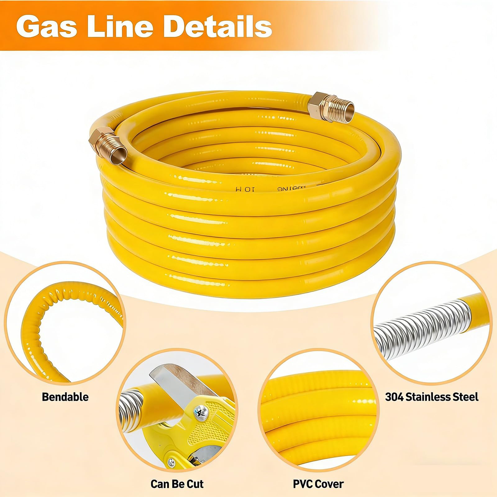 40ft 1/2'' Gas Line, Flexible Gas Lines Pipe, Natural Gas Line Propane Pipe Conversion Kit with 2 Male Adapter Fittings，Ideal for Natural Gas Propane - 5