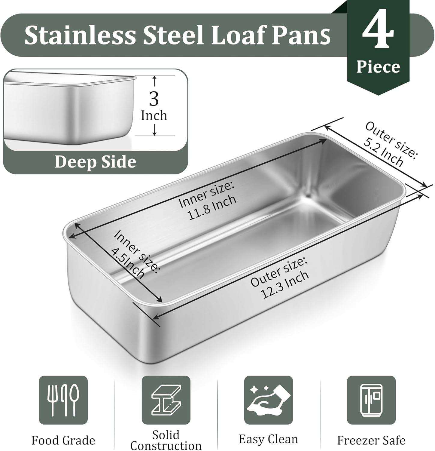 TeamFar Loaf Pan, 12 x 5 Inch Stainless Steel Loaf Pans for Baking Bread, 4 Pack Large Bread Loaf Baking Pan for Homemade Bread, Meatloaf, Cake, Brownies, Non-Toxic, Heavy-duty, Oven & Dishwasher Safe - Image 2