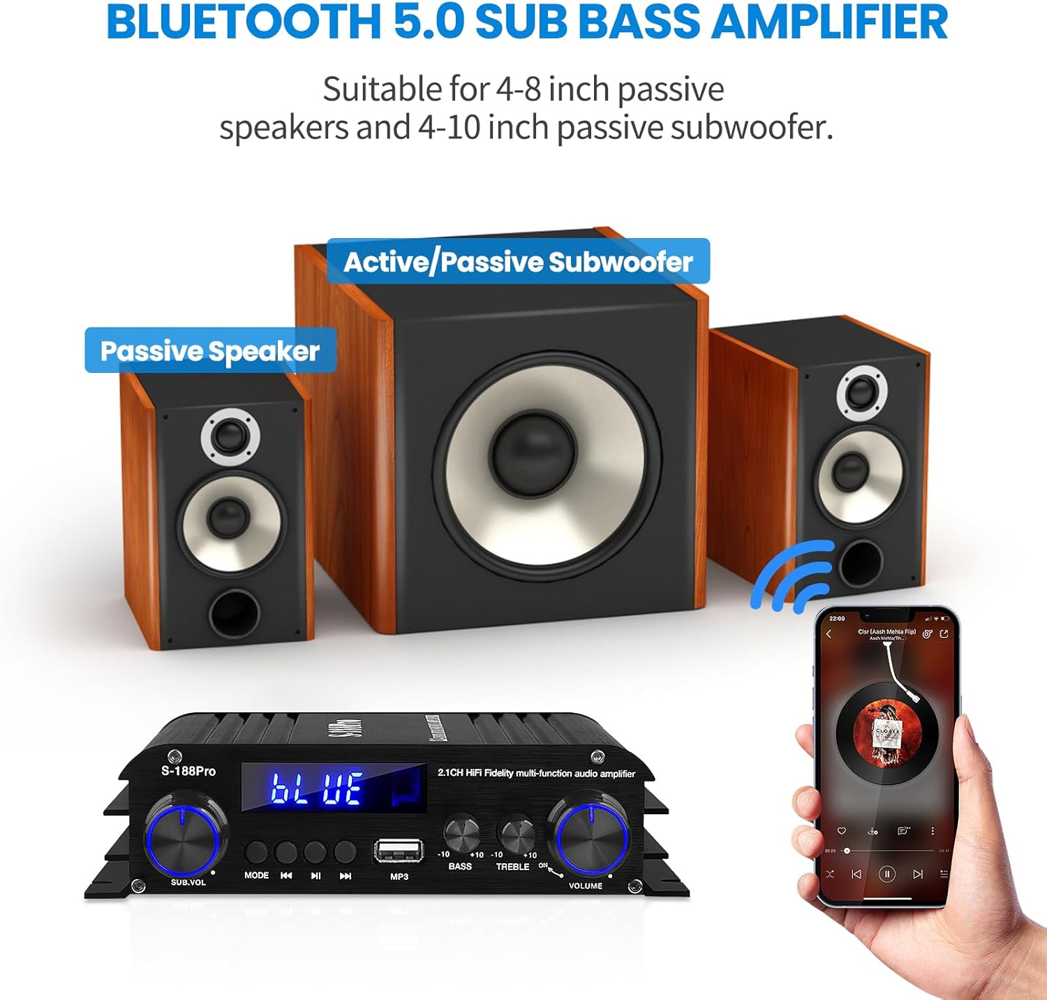 Bluetooth Amplifiers Stereo Audio Receivers Amp for Home Speakers S-188Pro RMS 50WX2+60W 2.1 Channel Max 600W Output Mini Power Amplifier w/FM Radio, Echo, MIC, USB, SD Input for Home Audio