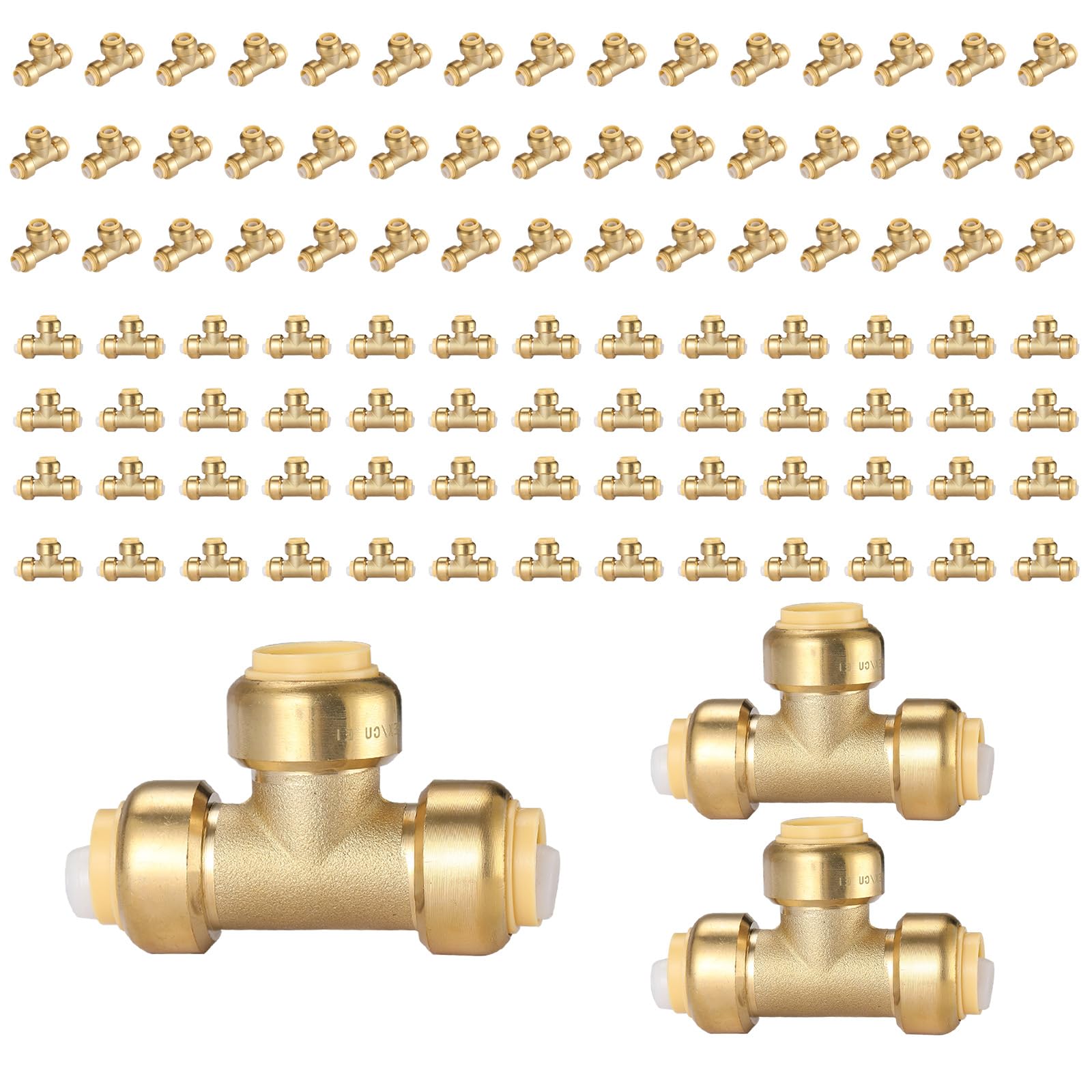 TLDONCXH 100 PCS Foskan 1/2" x1/2" X1/2" Push Fit Tee,LF-Brass Fittings, Push to Connect PEX, Copper, C, PE-RT Pipes, with Disconnect Clip for Plumbing Repairs