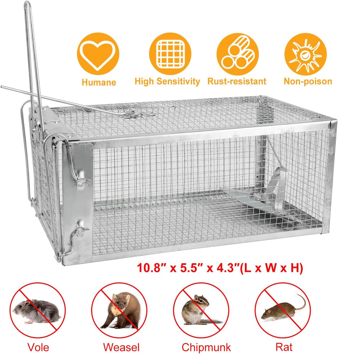 KOCASO Humane Rat Trap, Small 1-Door Live Chipmunk Trap That Work for Indoor and Outdoor, Easy to Catch and Release Live Animal Trap Mouse Trap Cage for Rodents Mice Voles Hamsters, Metal & Reusable