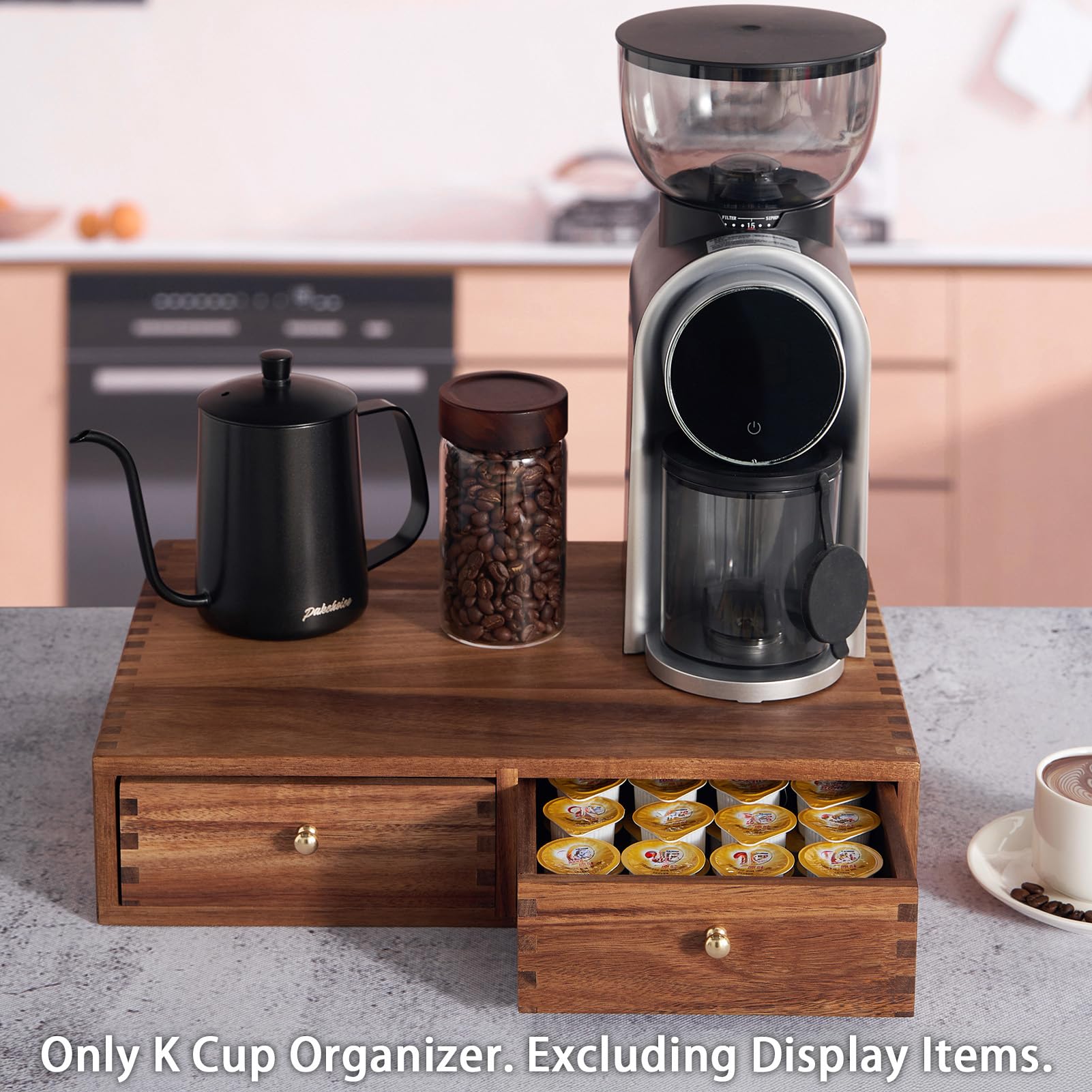 Akazienholz Kaffee-Kapseln Organizer-Schublade, Tee Lagerbox mit rutschfester Matte, für 30 Kapseln, Unter Kaffeemaschine, Arbeitsfläche Kaffeestation Halter Maschinensockel