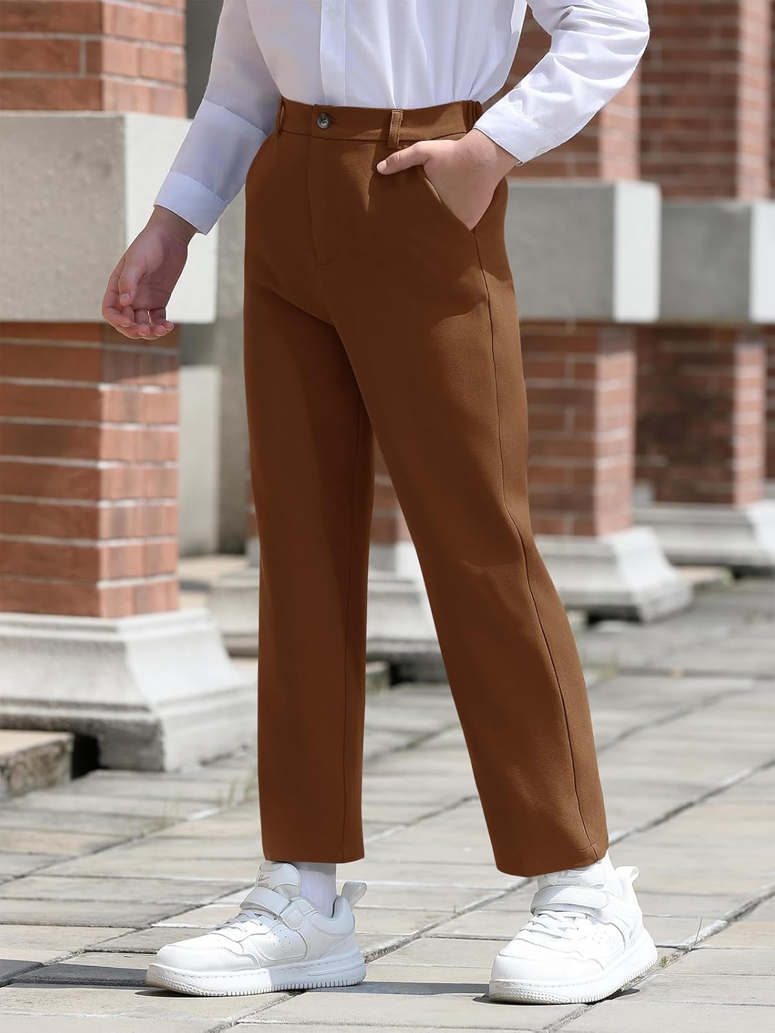 Haloumoning Boys Dress Pants Kids Elastic Waist Straight Leg Uniform Pants Casual Trousers with Pockets - Image 3