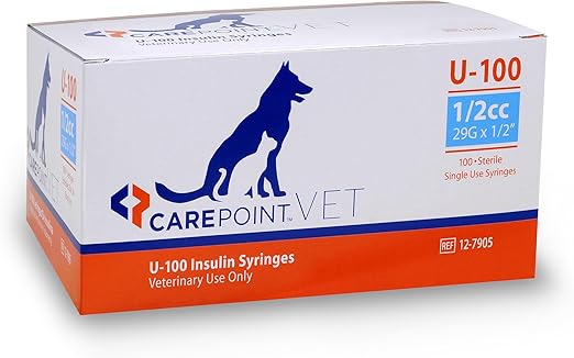 U-100 Pet Insulin Syringes, 29G x 1/2" 1/2cc, Comfortable Injection, Bold Permanent Markings for Accurate Dosage, Disposable, Box of 100