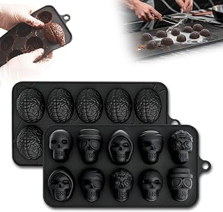 Skull and Brain Silicone Mold Set, 2-Pack Non-Stick Silicone Trays for Ice Cubes, Jello, Chocolate, Candy, Baking, and Soap Making - Zombie and Gothic Party Supplies