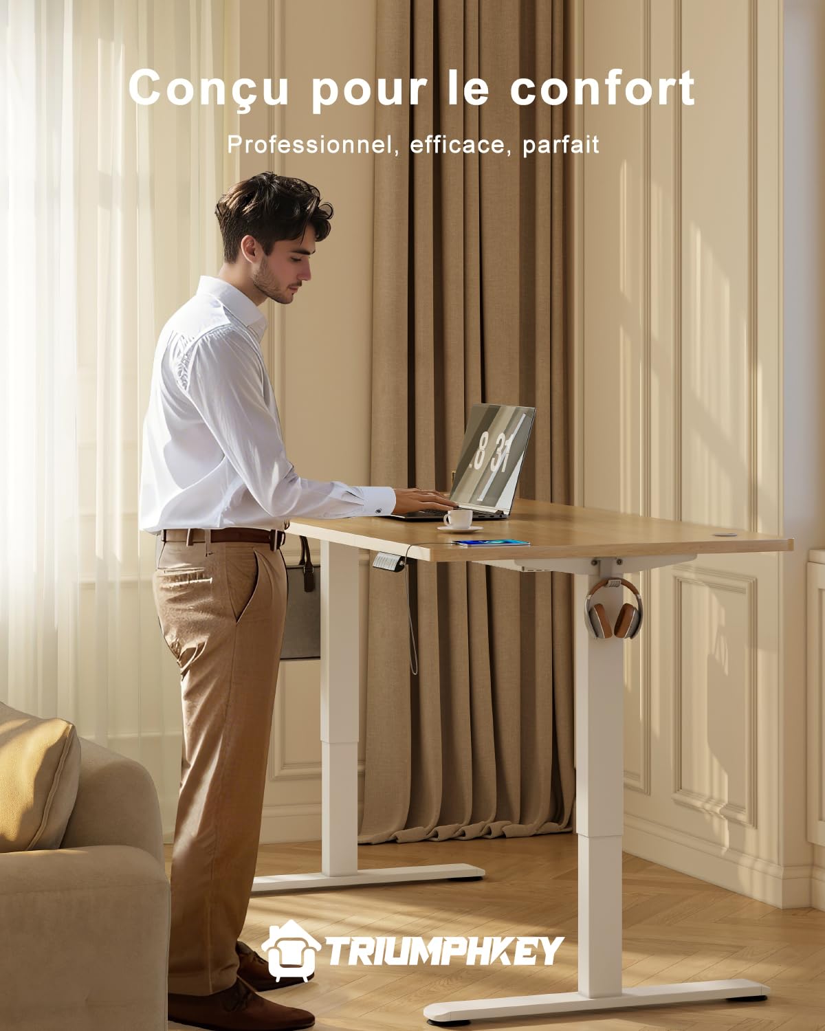 TRIUMPHKEY Bureau Réglable en Hauteur 160x80 cm, avec Rappel de Sédentarité et 3 Mémoires, Port USB-A, Système Anti-Collision, Bureau de Télétravail, Beige