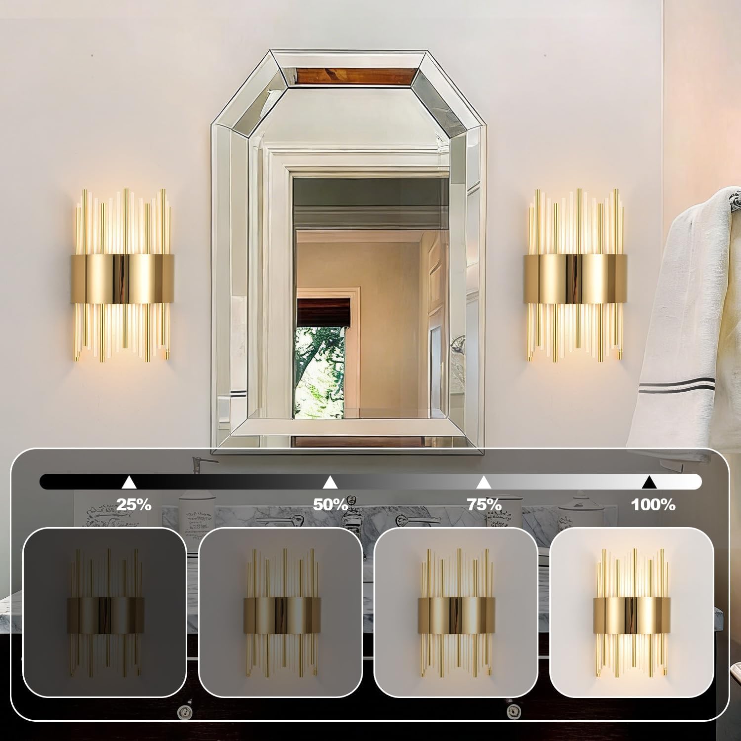 Gold Wall Sconces set of 2, LED Dimmable Modern Crystal Wall Sconces Set of Two, Gold Wall Light, Vanity Mirror Light, for Bedroom, Living Room, Dining Room, Dimmable LED 0-32W with Light Source,3000K