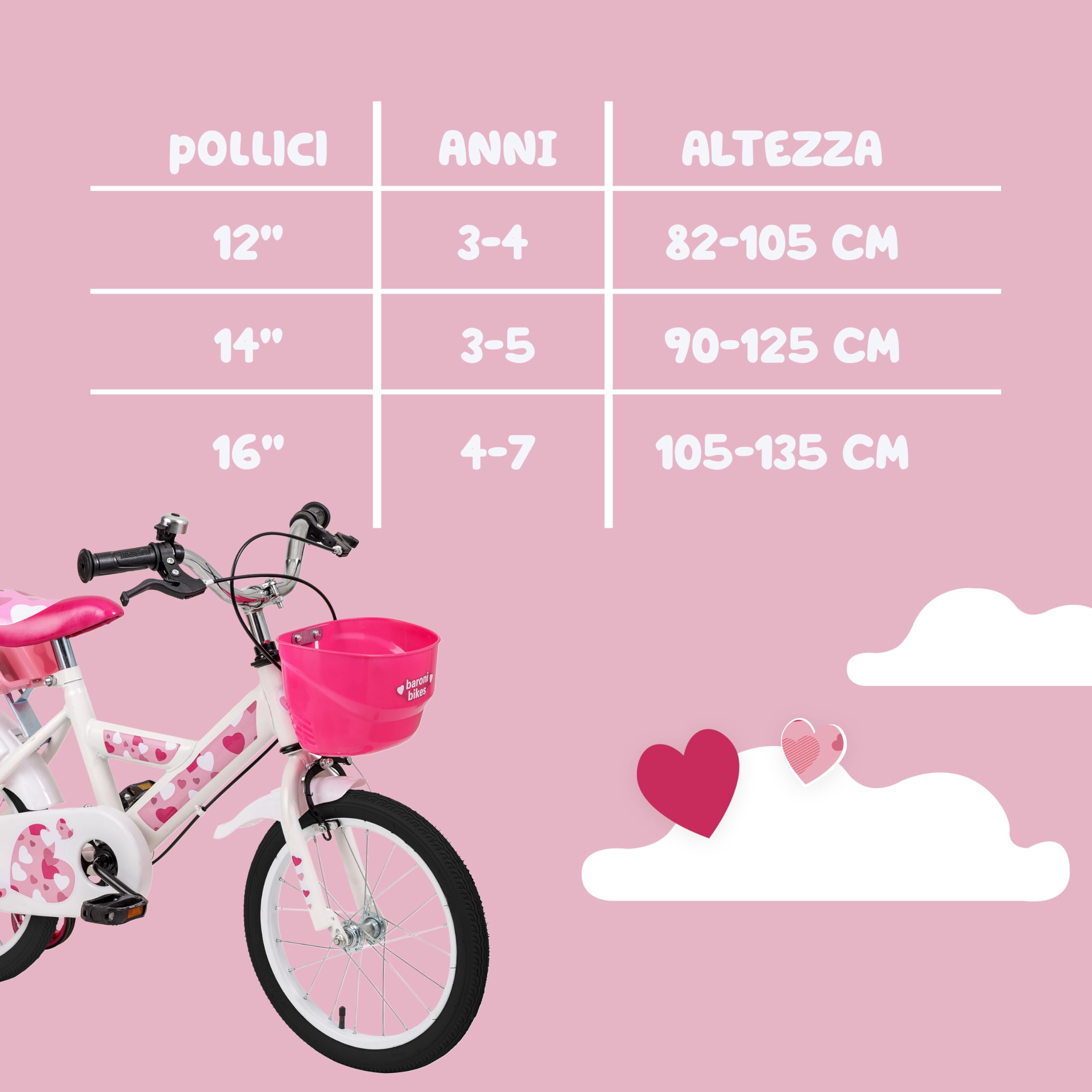 Baroni Toys Bicicletta Bambina Rosa Cuori 12" 14" 16" con Cestino e Rotelle