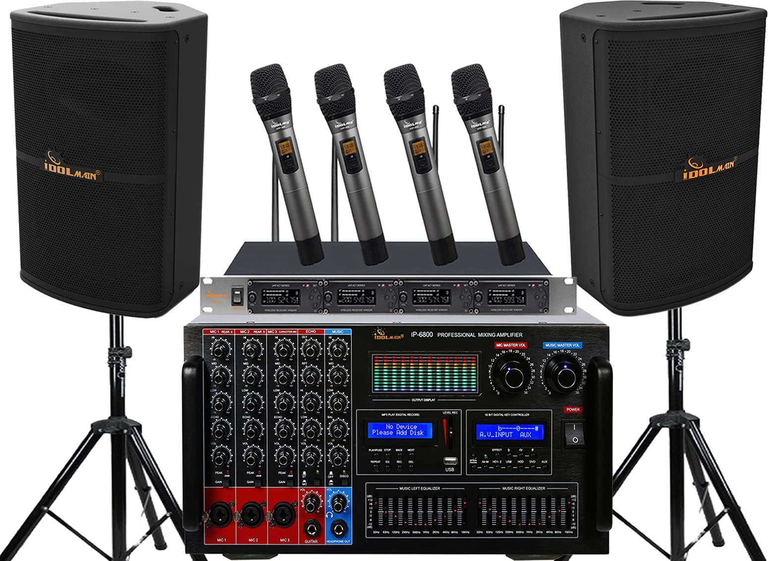 IDOlpro Full Set 8000W Karaoke System No Feedback & Noise Cancellation With Mixing Amplifier, Quad Wireless Microphones, And Speakers Home Karaoke System