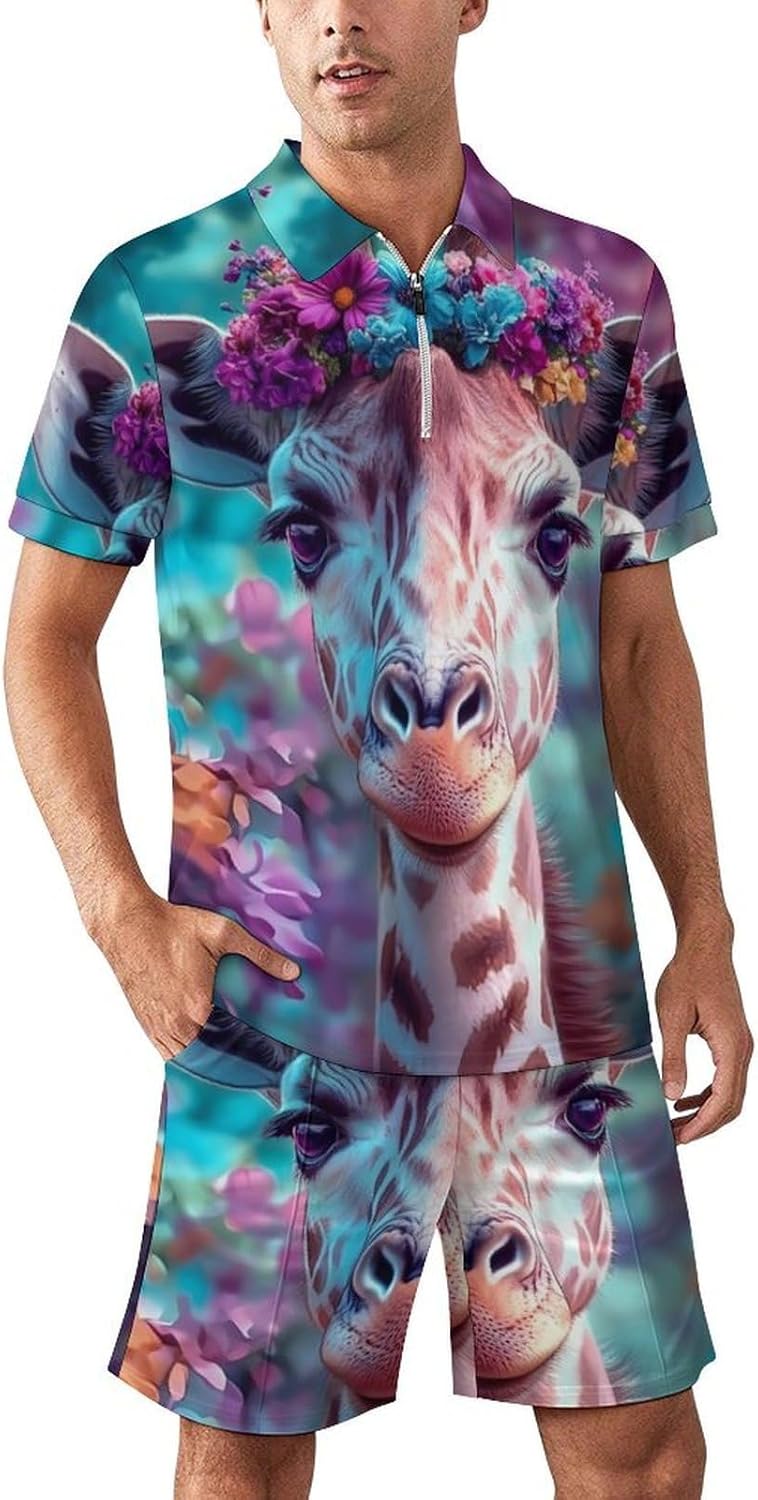 Giraffe Mens Polo Shirts Track Suits 2 Piece Short Sleeve Sweatsuit 1/4 Zip Golf Loungewear for Sports