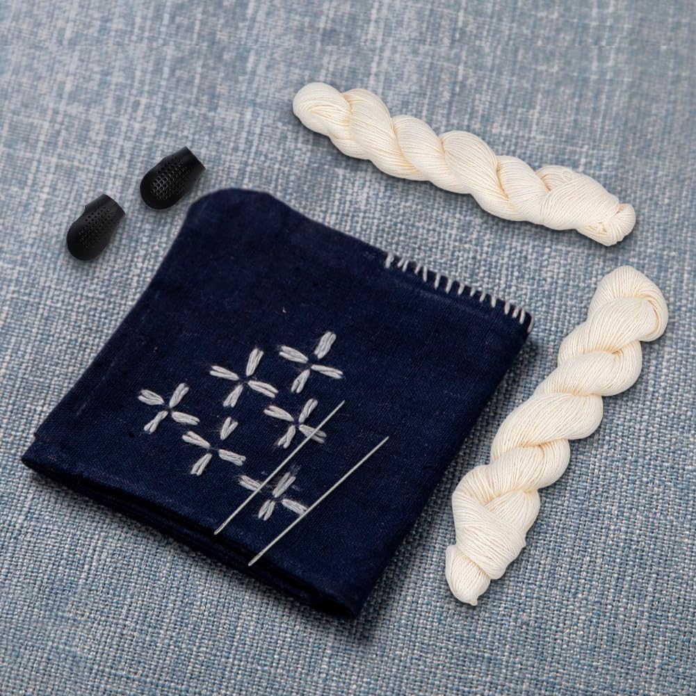 FREEBLOSS Multi-Pack Sashiko Set with 4 White Thread 25 Needles 2 Adjustable Thimble Tools for Hand Sewing Kit Sashiko Thread and Needles Repair Kit for Beginner Sewing