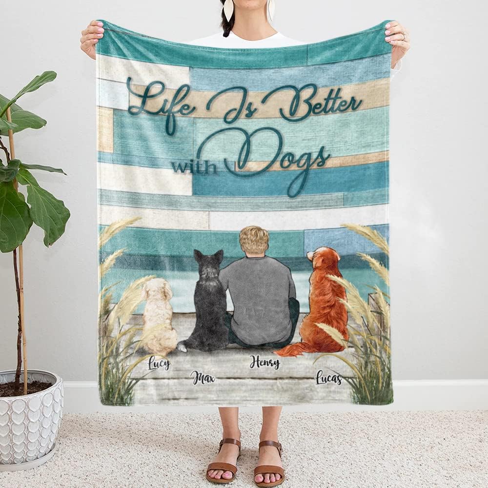 Gossby Personalized Dog Dad Fleece Blanket for 3 Dogs - Life is Better with Dogs Custom Throw with Names & Breeds - Fathers Day 2026 Gift for Dog Lover Men Papa from Daughter Son