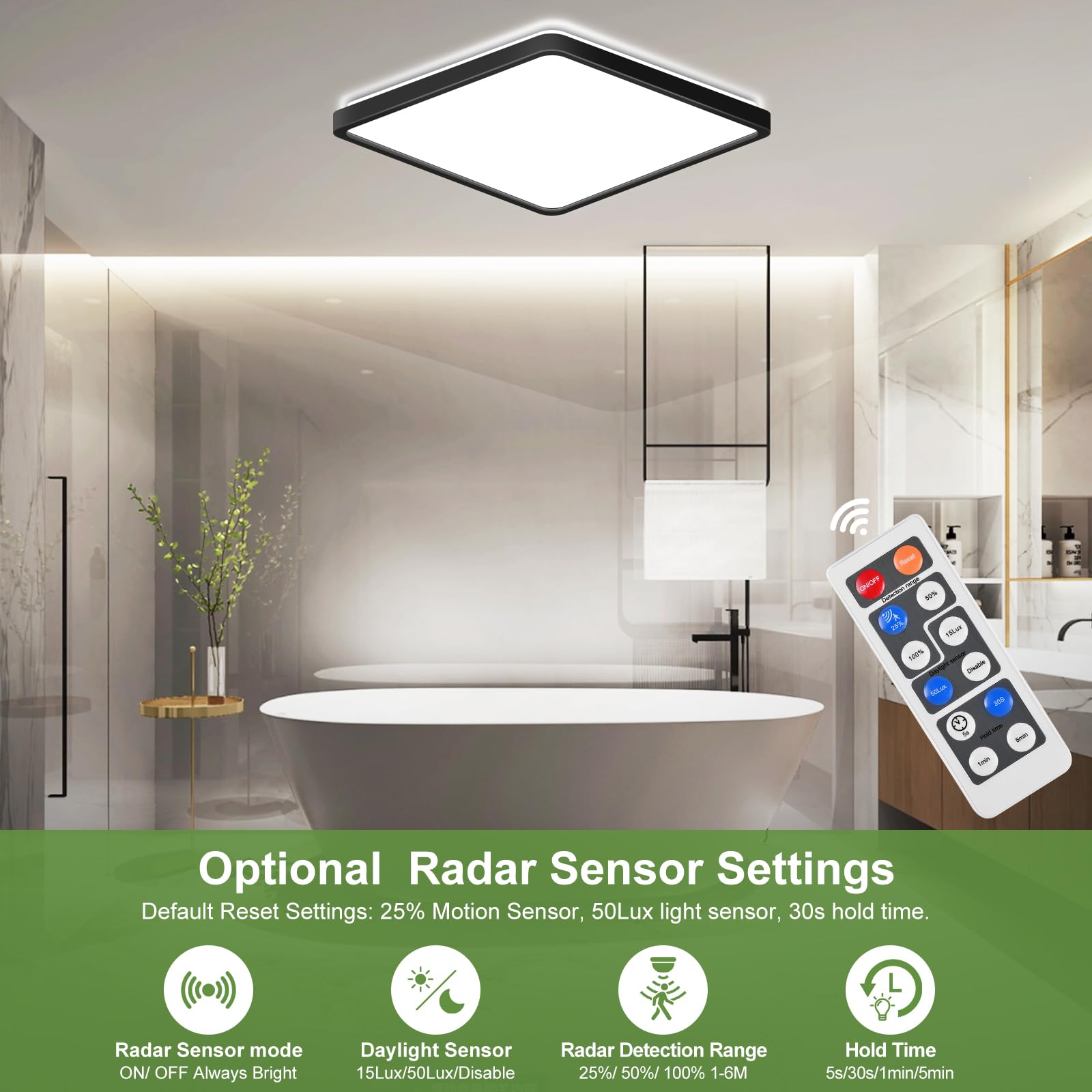 Plafoniera LED LEZOE Con Sensore Radar 24W 2400LM - Dimmerabile Con Telecomando, 3 Temperature (3000K/4000K/6500K), IP54 - Per Interni/Esterni