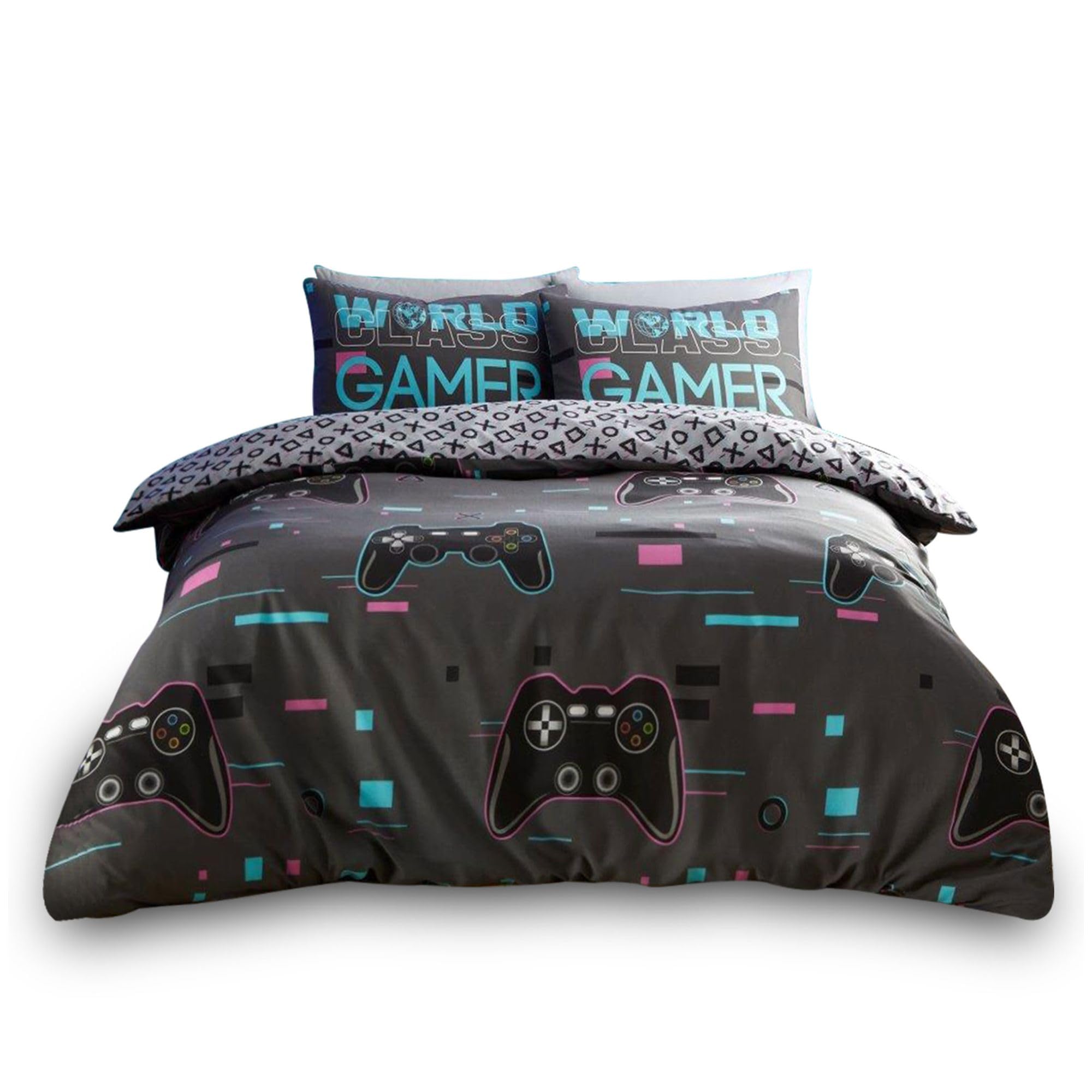 VELVETIO Luxury Gamer Duvet Cover Set with Pillowcase, Breathable Printed Gamepad Bedding Quilt Single, Soft Reversible Texture Comforter Bedset, Charcoal