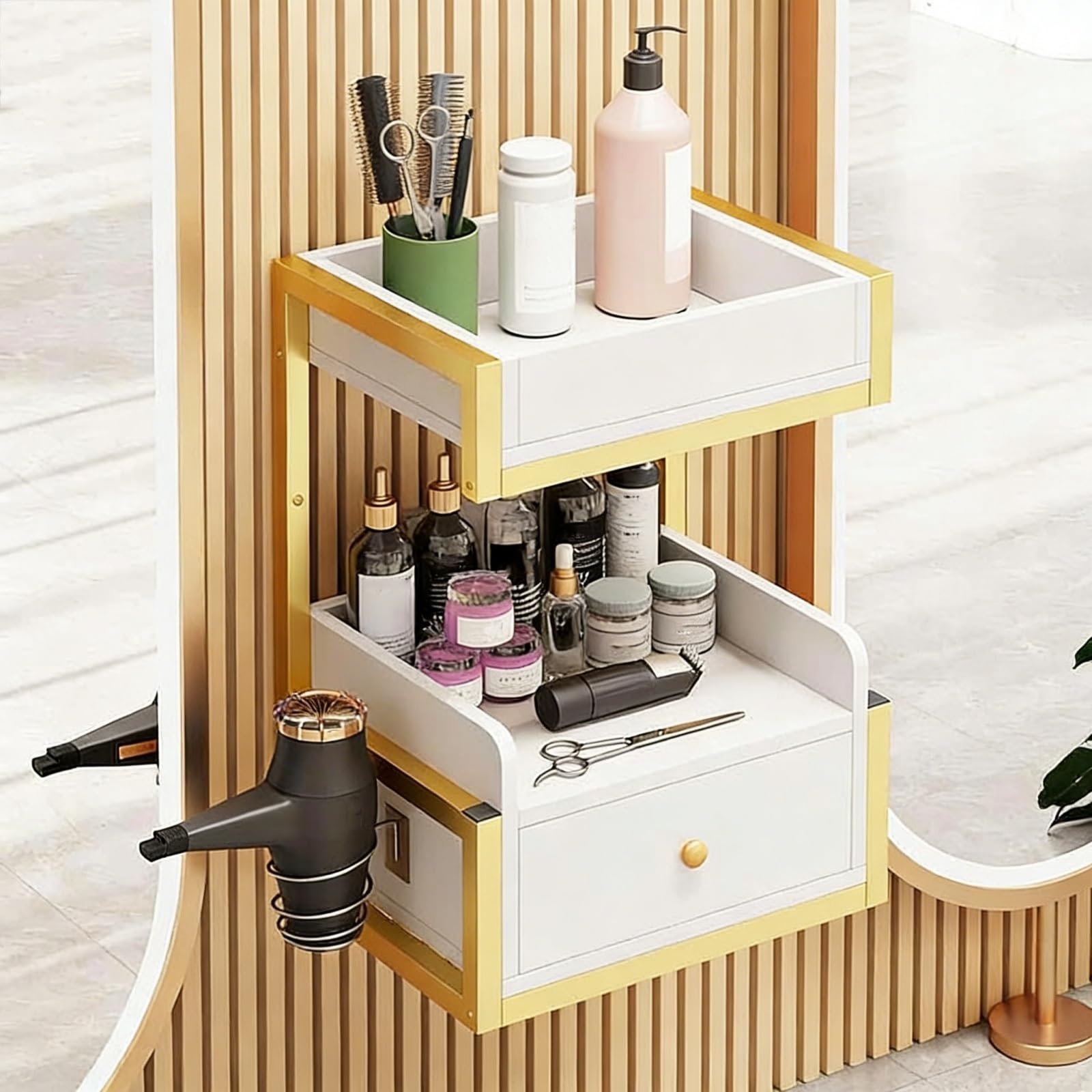 Postazione da parrucchiere sospesa, postazione per acconciature da parete, piccola toeletta con cassetti e supporto per asciugacapelli, postazione di bellezza (40x30x55cm)(B)
