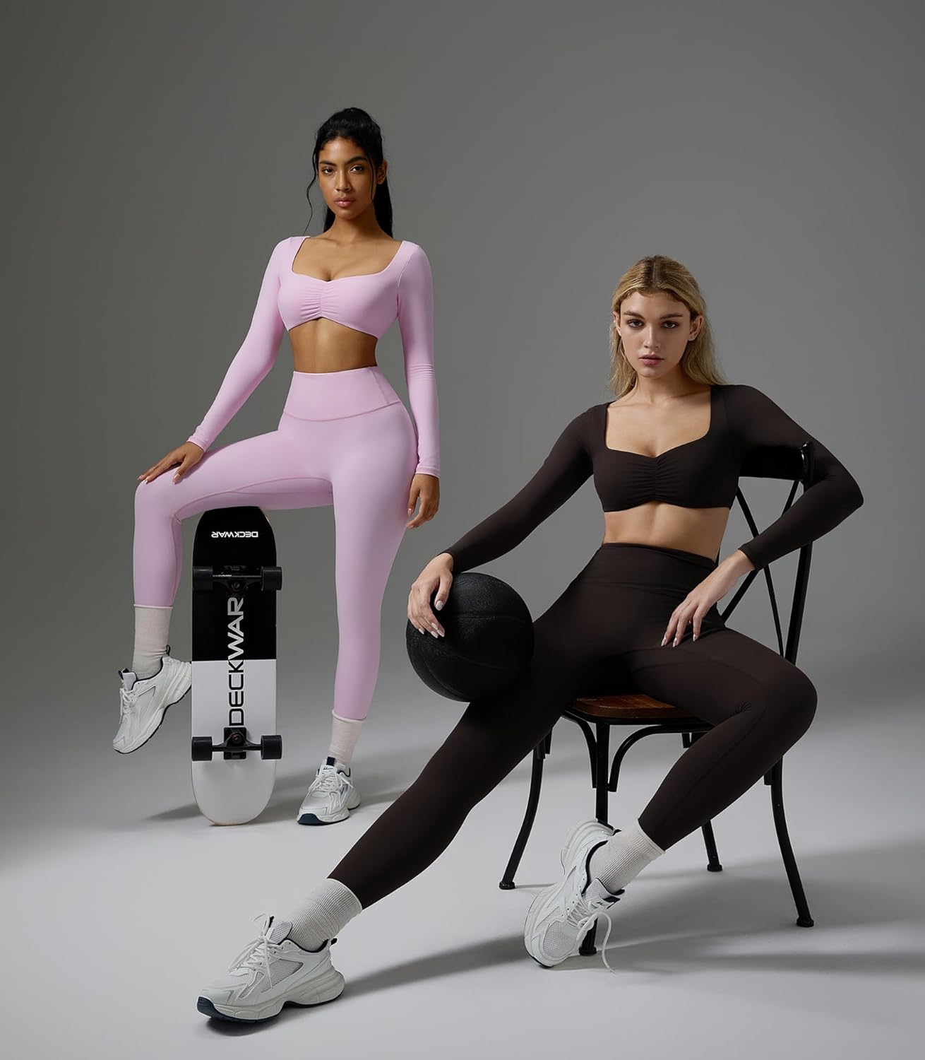 OMKAGI 2 Piece Workout Sets for Women Long Sleeve Padded Sports Bra High Waisted Gym Outfits with Pocket - Image 4