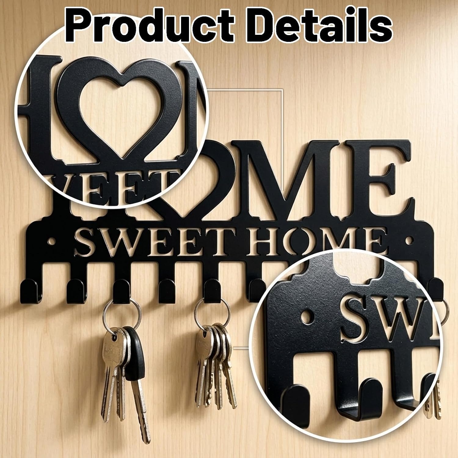 Entryway Wall Key Holder with 5 Hooks, 10 * 4 Inch Metal Hook Set, Wall Organizer with Durable Construction, Space Saving Design for Home and Office Use,Give Away Two Cat Hooks