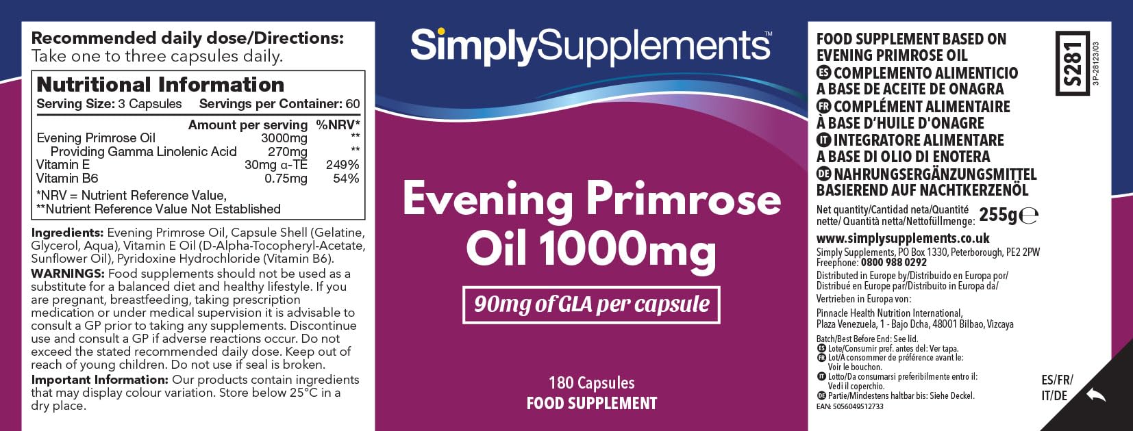 Cápsulas de aceite de onagra 1000 mg | Ayuda al equilibrio hormonal y a una piel sana | Con vitaminas B6 y E añadidas | 360 cápsulas softgel = 4 meses de suministro | Fabricado en el Reino Unido