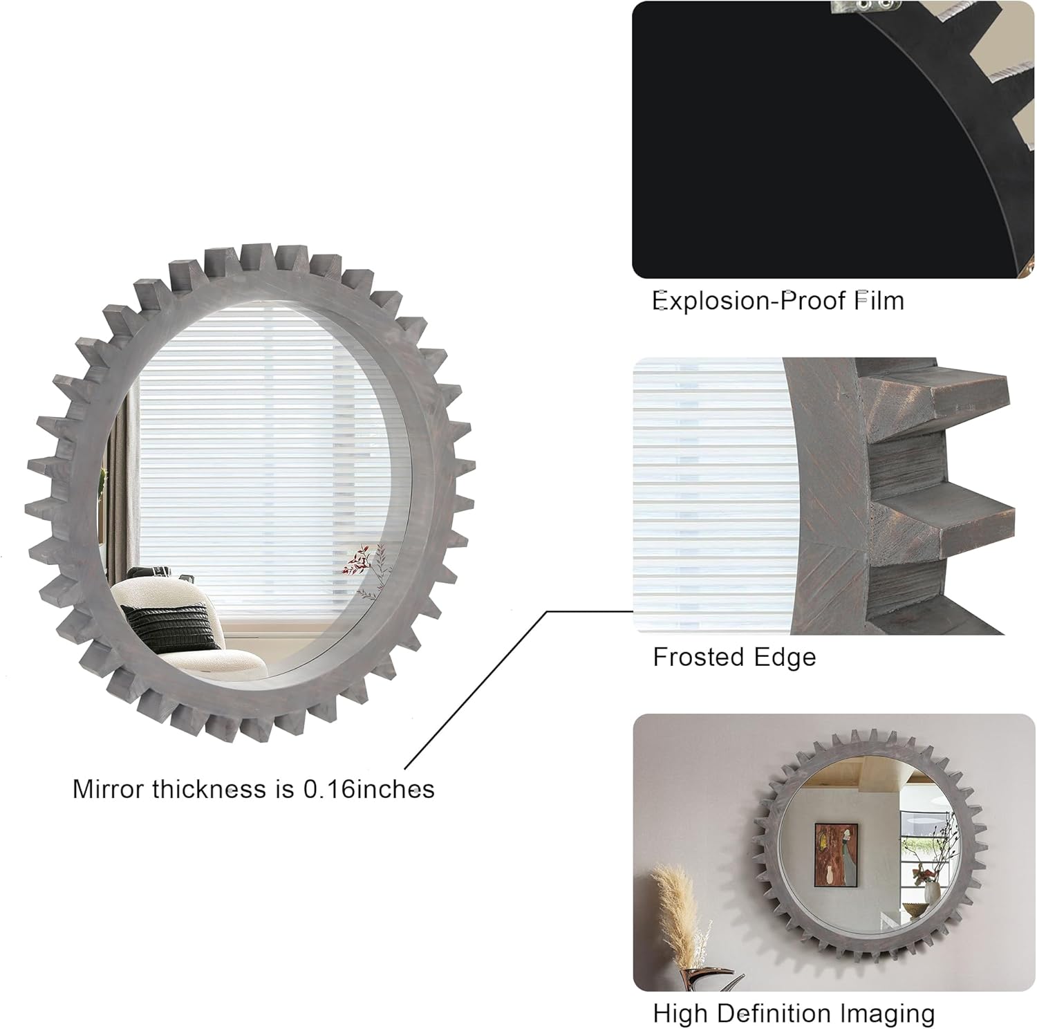 Vintage 26'' x 26'' Wall Wood Round Hanging Gear Shape Heavy Decorative Mirror for Bathroom Living Room Entryway Or Put Together to Your Liking(Antique Black+Brown)