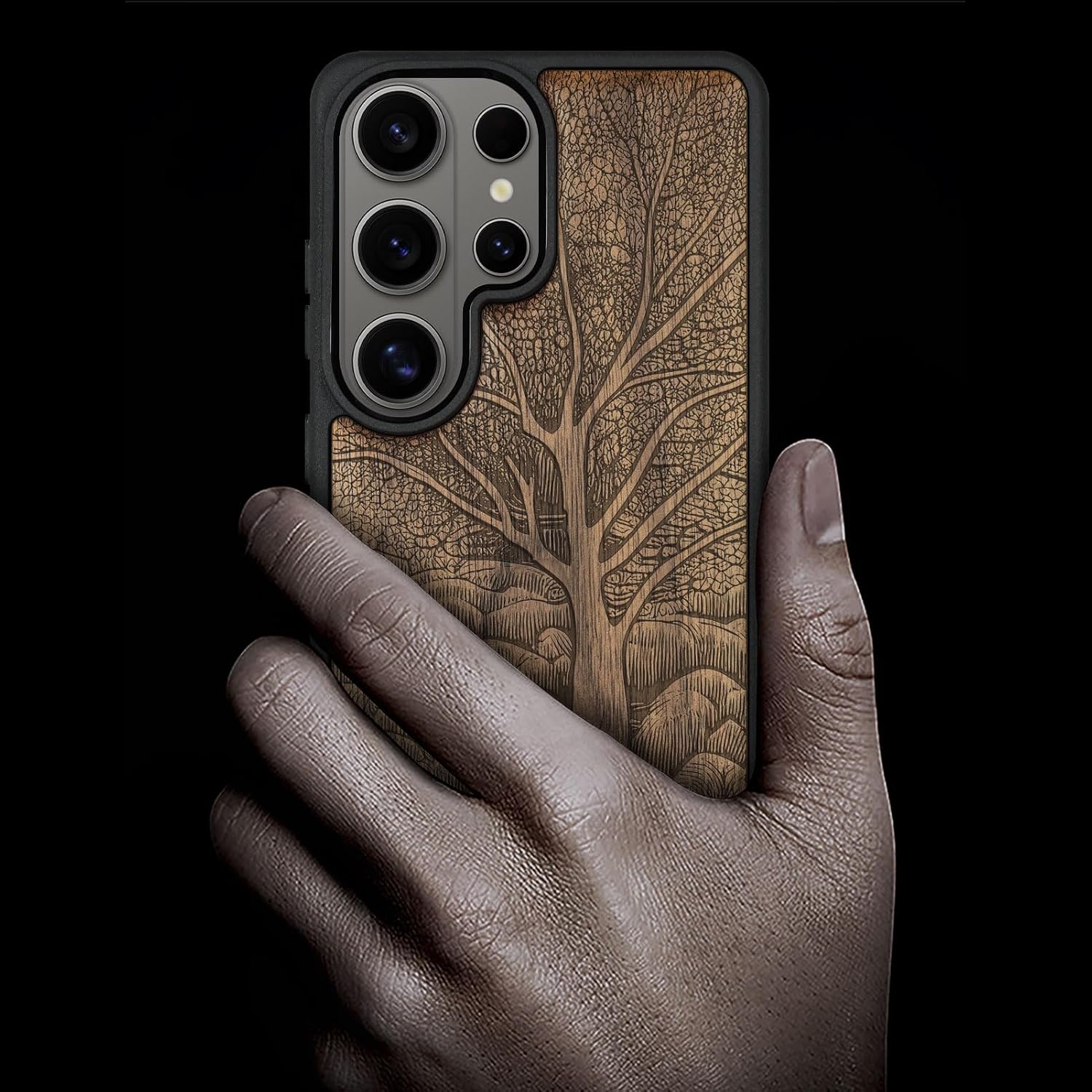 Carveit Magnetic Wooden Case for Samsung Galaxy S26 Ultra Case 2026, TPU Shockproof Cover & Wood Artisan Engraved, Compatible with MagSafe Wireless Chargers (The Lino Print Tree) Walnut
