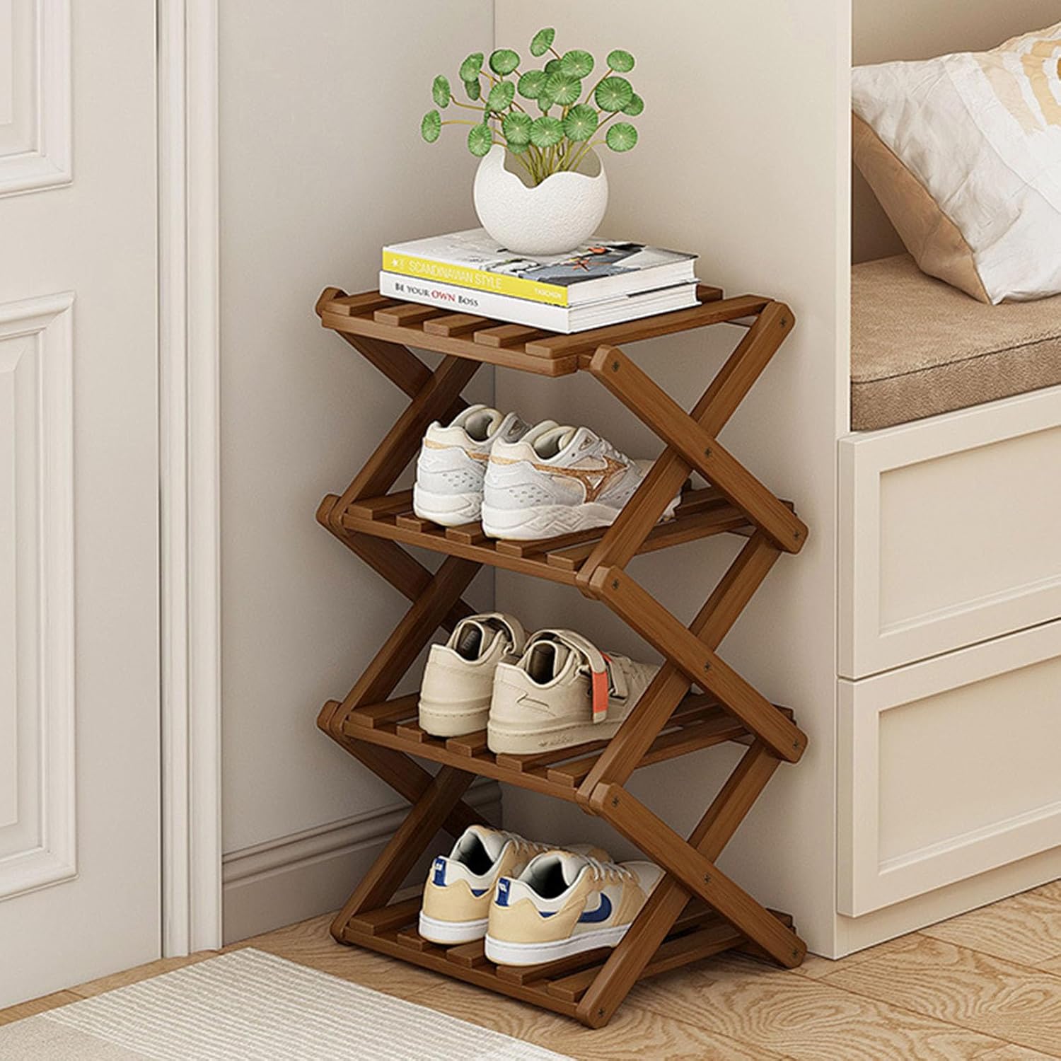 Narrow Shoe Rack - Shoe Storage Organiser- Vertical Bamboo Foldable Shoes Shelf for Entryway, Closet, Bedroom, Hallway ([tawny] 4 layers) Tawny 4 layers