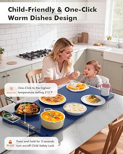 Vista 5 de Tapete de calentamiento de alimentos con cargador inalámbrico, calentador de alimentos extra grande de 34 x 15 pulgadas, tapete de calentamiento Azul