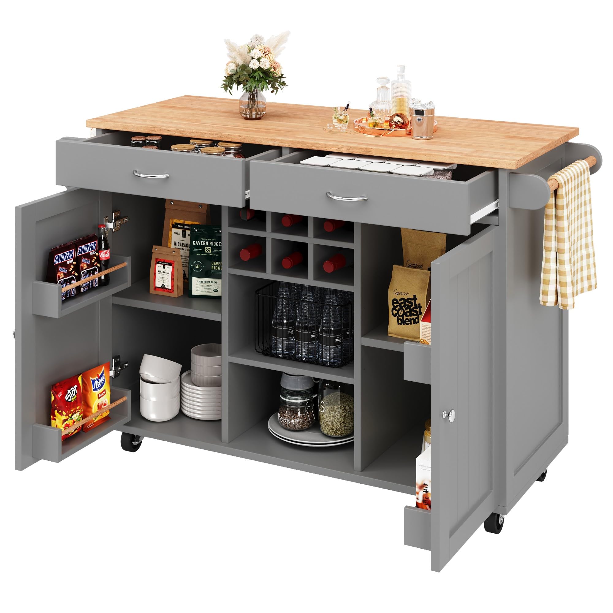 Azkoeesy Carrello da Cucina, Carrello da Buffet Mobile, Carrello da Cucina, 102×45×92 cm, Grigio con Finitura Legno, con Portabottiglie, Portaoggetti, Porta Asciugamani, 2 Cassetti e Ante