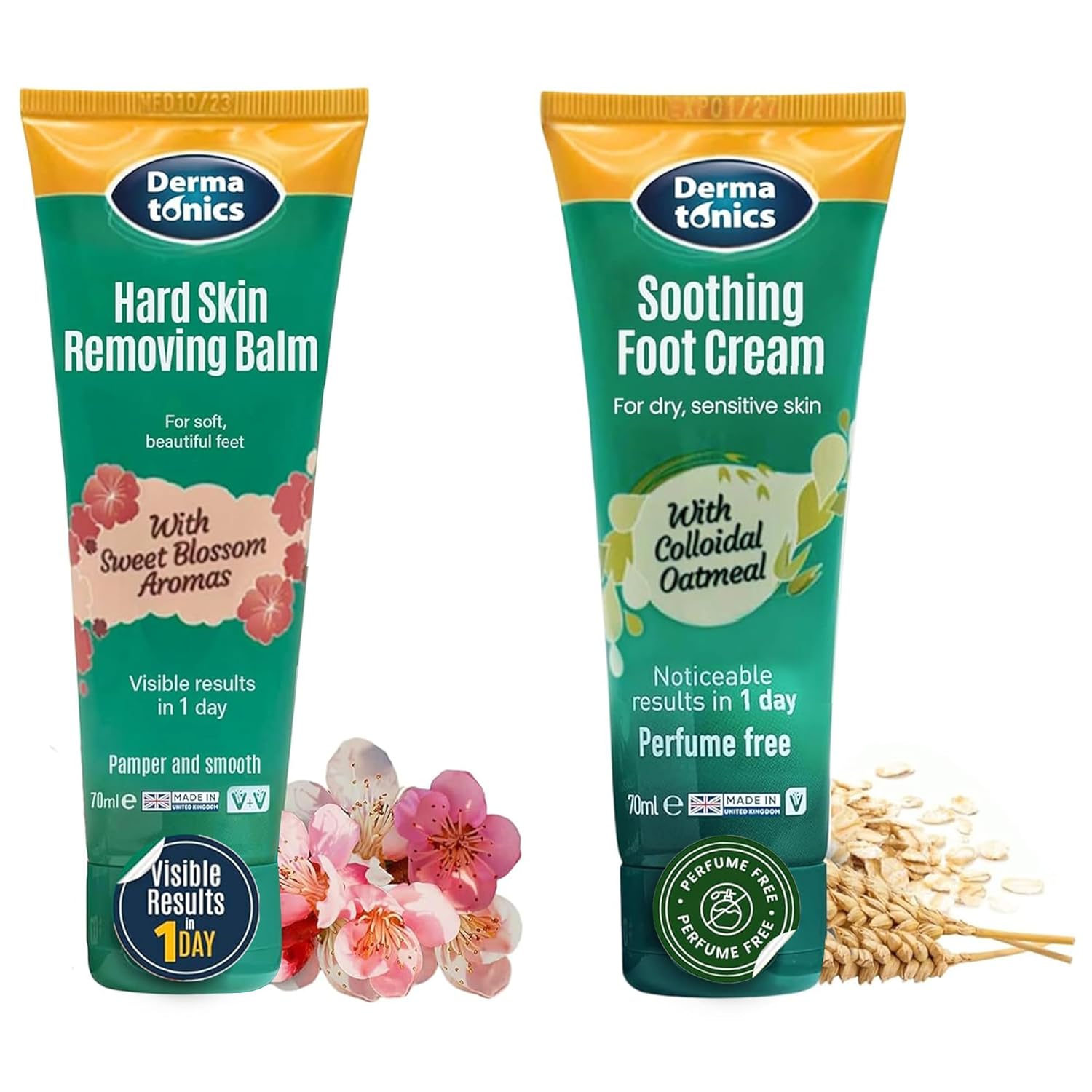 Dermatonics - Soothing Foot Cream with 10% Urea & Oatmeal + Hard Skin & Callus Balm with Sakura Blossom & 10% Urea - Moisturizing & Repairing Care for Dry, Cracked Feet, Hands & Elbows - 2× 2.37 fl oz