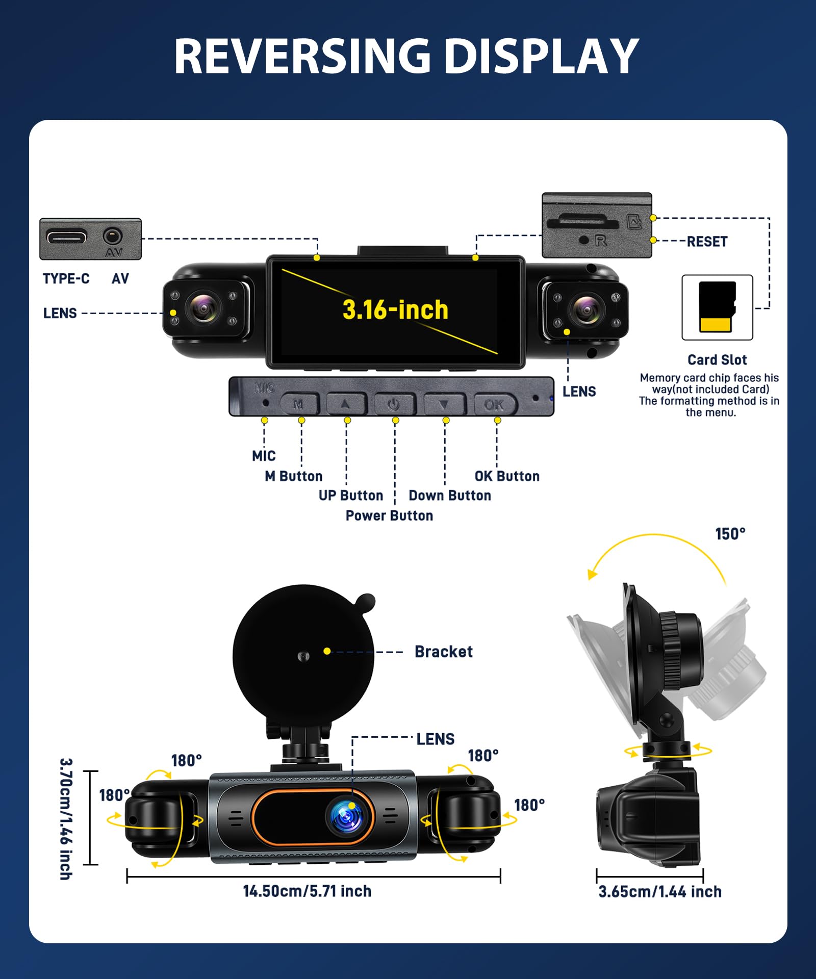 Rimoody 360° 4 Canales Dashcam para Coche, 4 1080P Delantera y Trasera Izquierda Derecha, 3.16 Pulgadas Dash CAM 1080P con Visión Nocturna IR/Vídeo en Bucle/24H Monitor/Asistencia de Estacionamiento