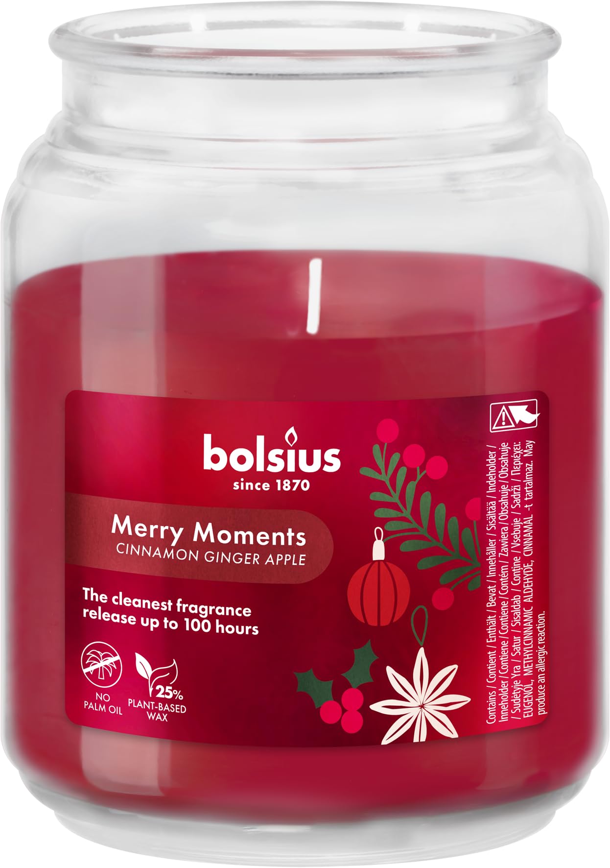 Bolsius - Merry Moments - Vela perfumada - Duración de combustión de 100 horas - Extractos naturales - Contiene cera vegana - Sin aceite de palma