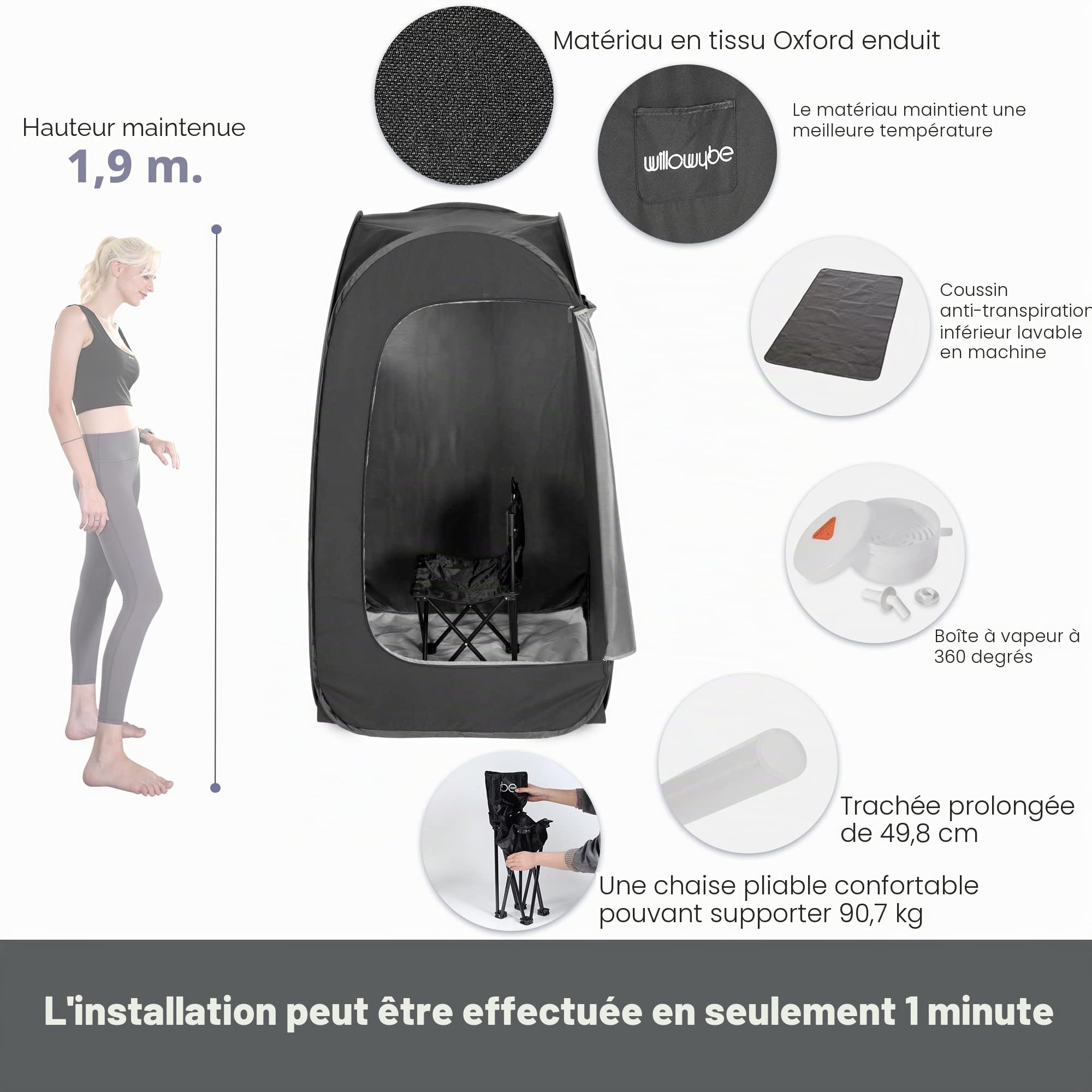 WillowyBe Sauna Portable à Vapeur, Chambre Spa Personnelle à Domicile avec Bluetooth, Générateur de Vapeur, Tente de Sudation, Chaise de Sauna Pliable, Sauna Personnel pour Maison (Noir)